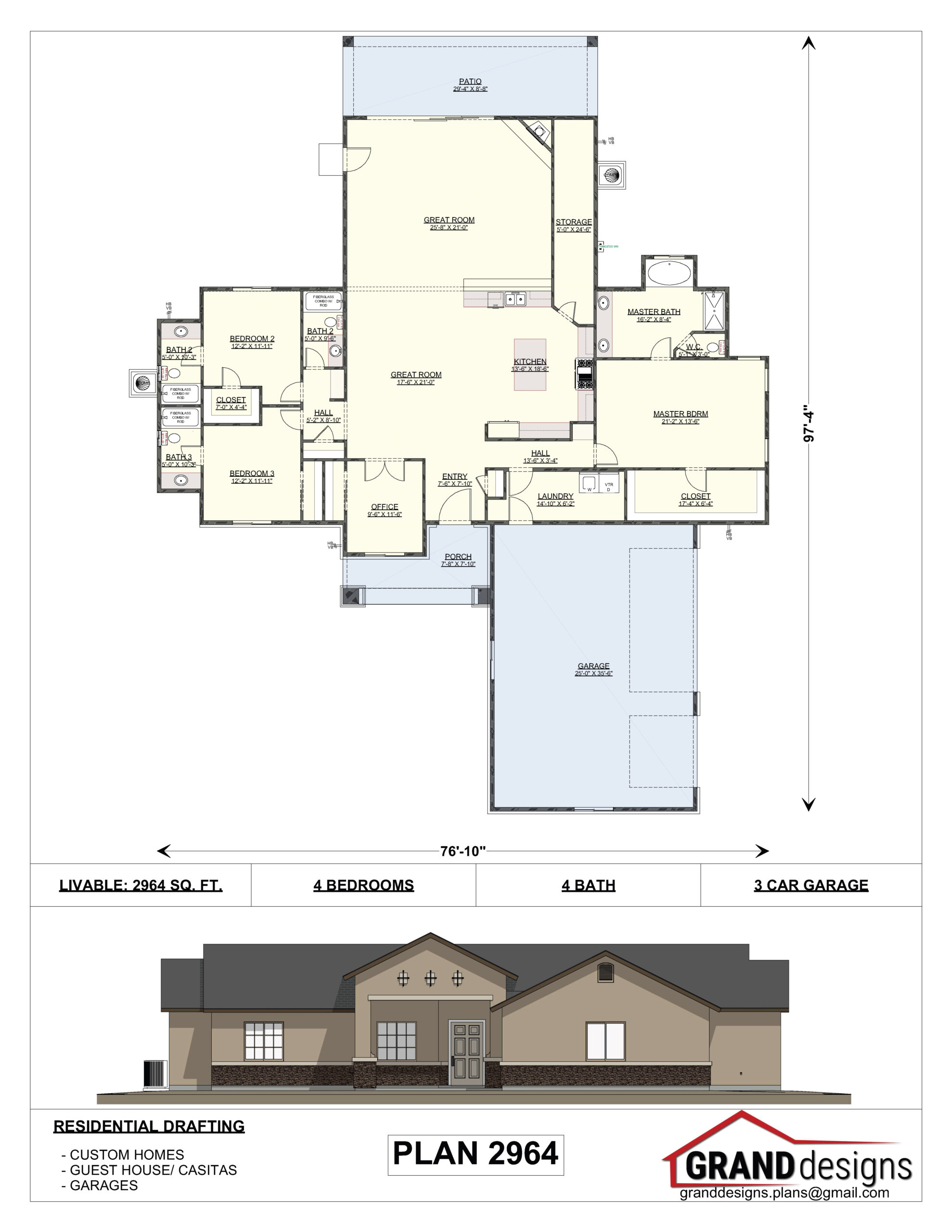 A floor plan of a house with two elevations.