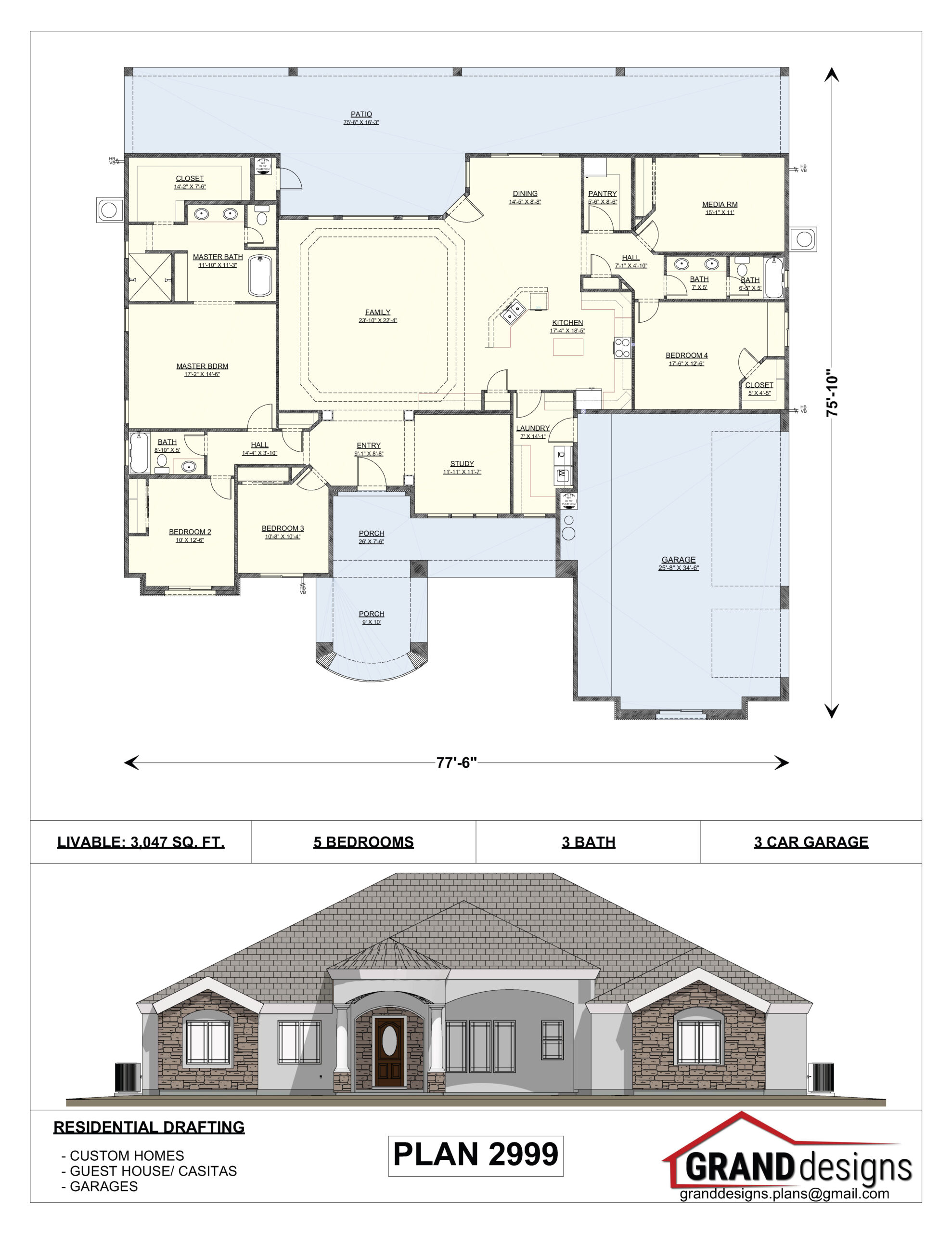 A floor plan and an image of the front of a house.