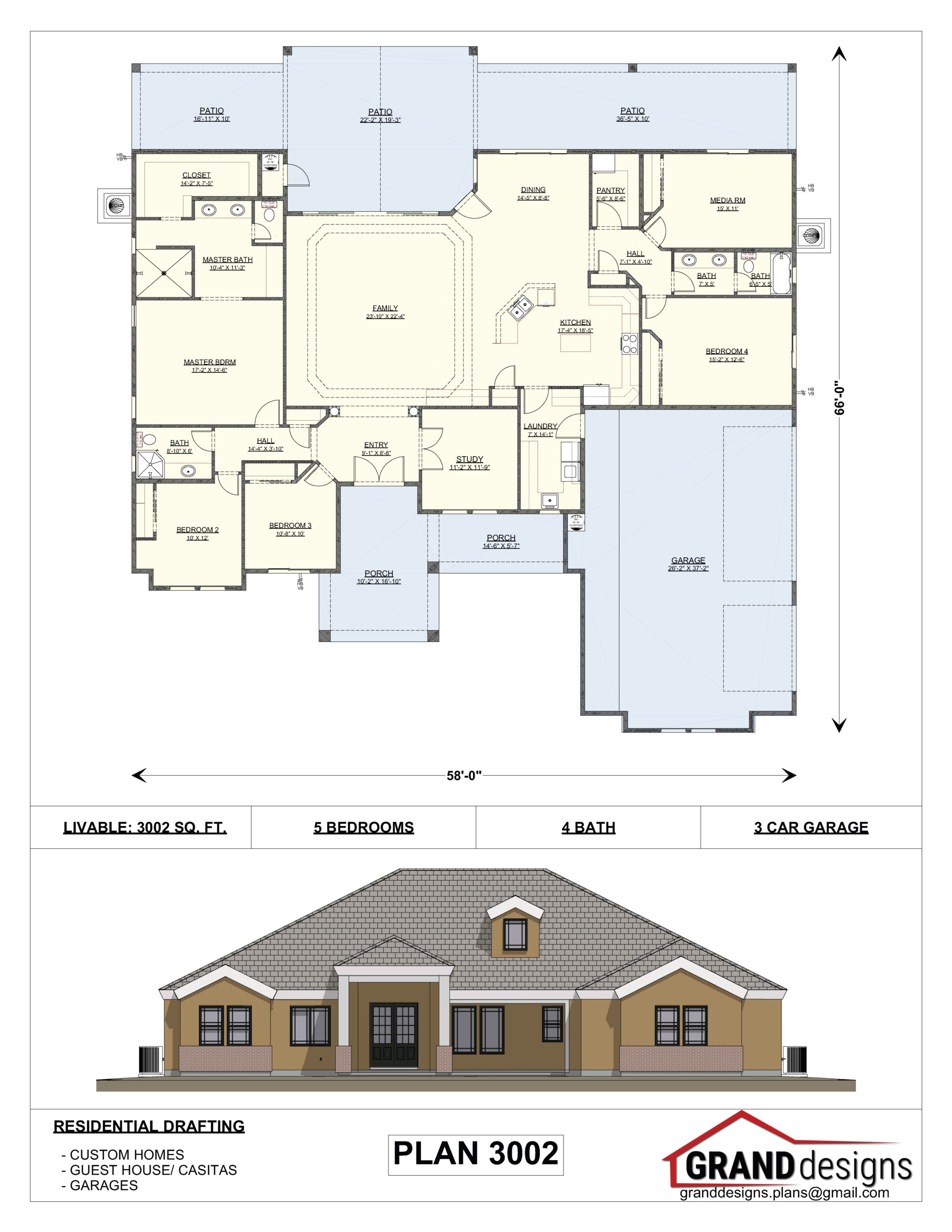 A floor plan and an image of the front of a house.