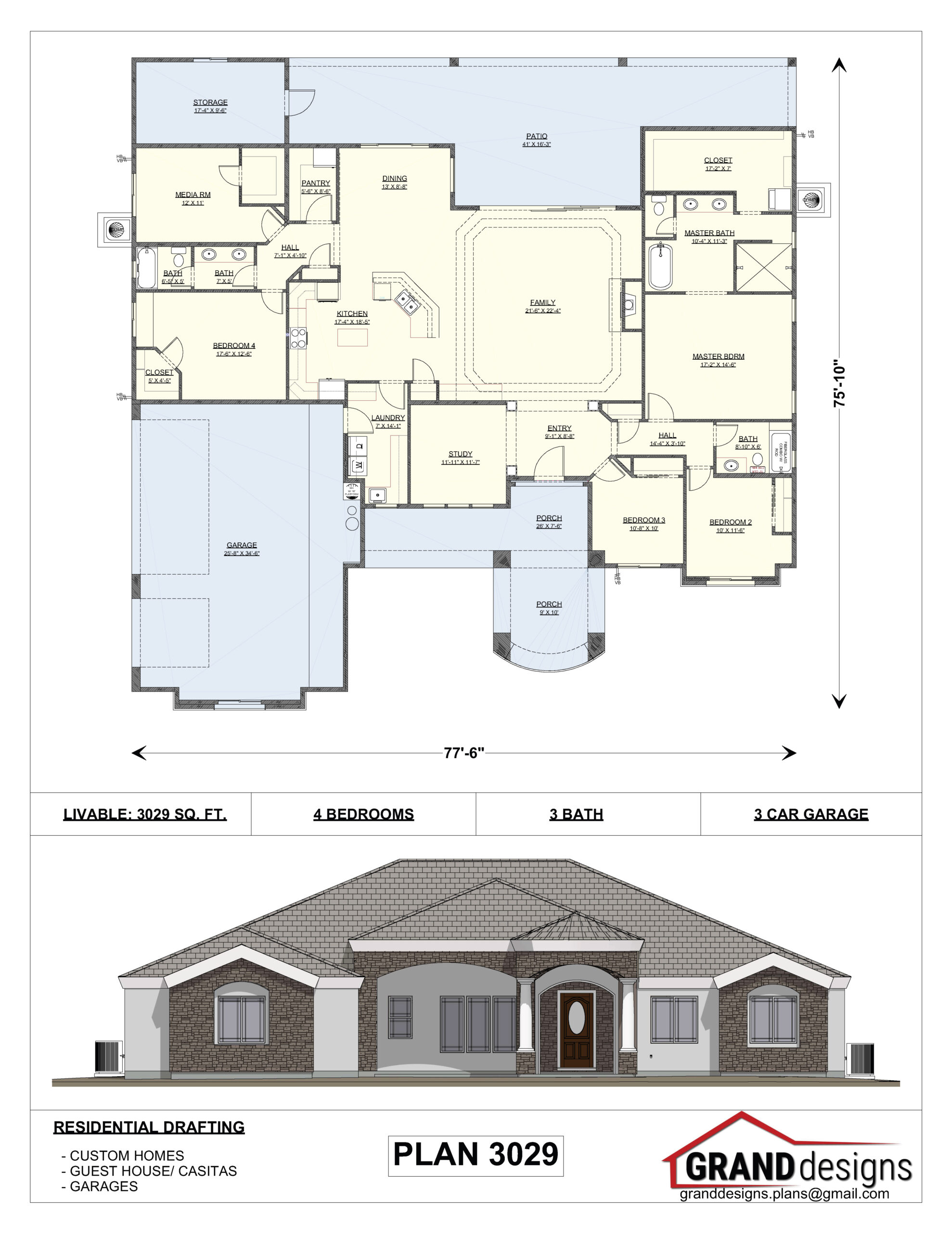 A floor plan of a house with the front and back elevations.