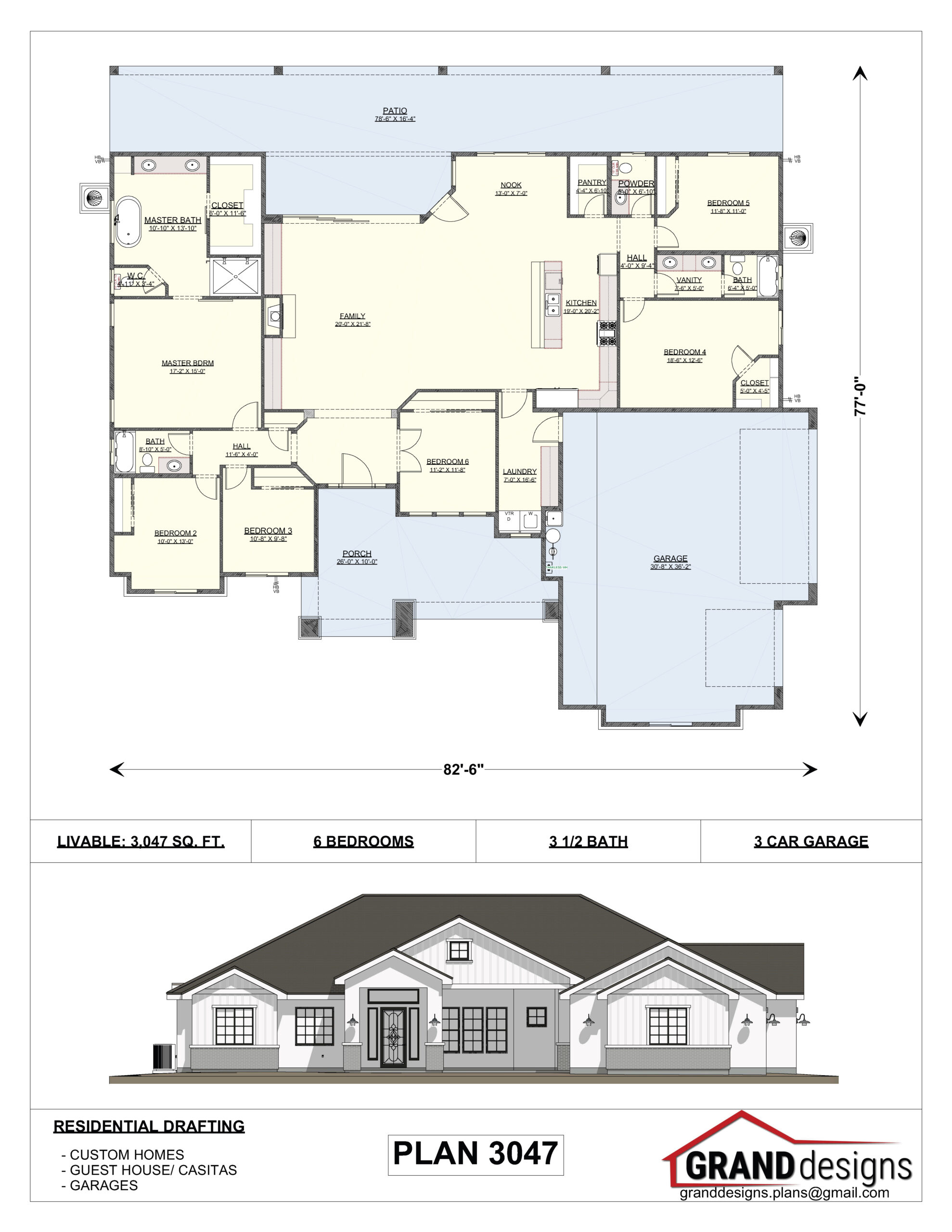 A floor plan and an image of the front of a house.