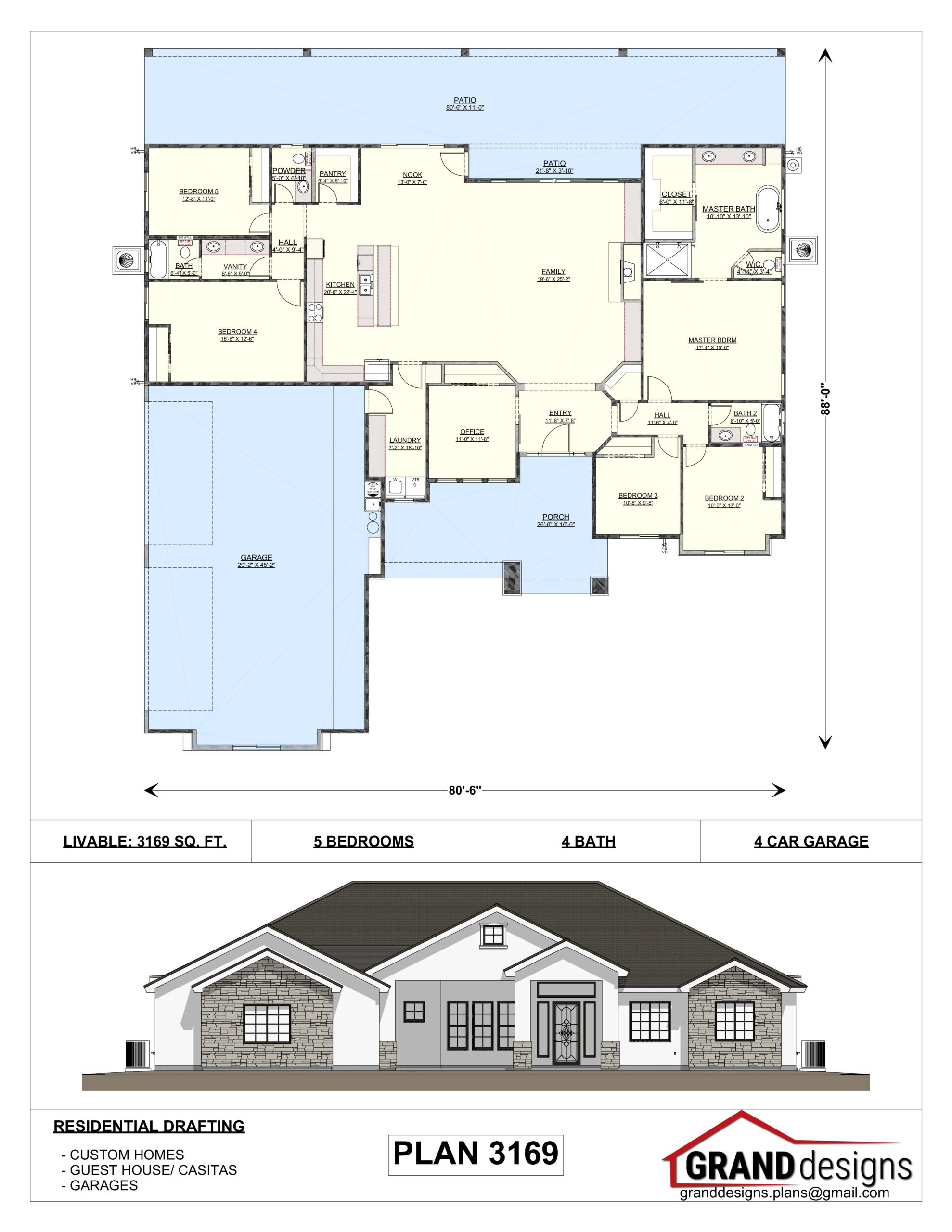 A floor plan and an image of the front of a house.