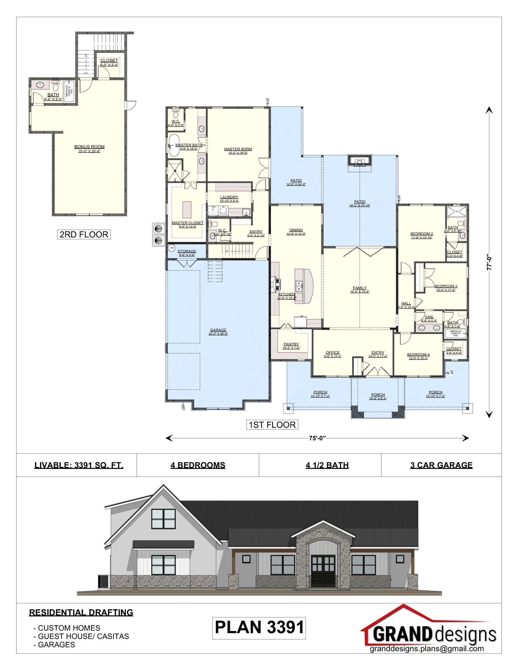 A floor plan of a house with two floors and three rooms.