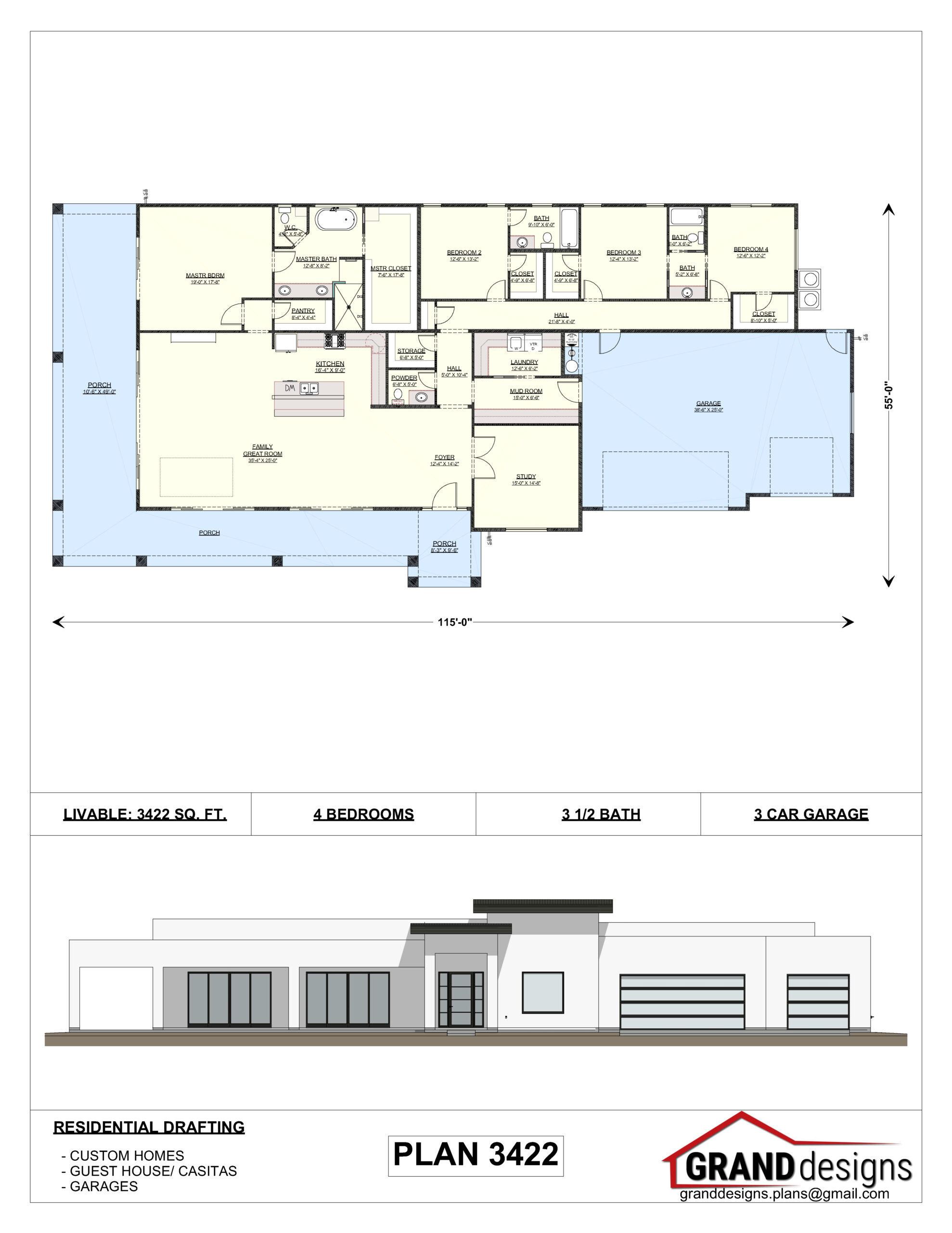 A floor plan and an image of the front of a house.