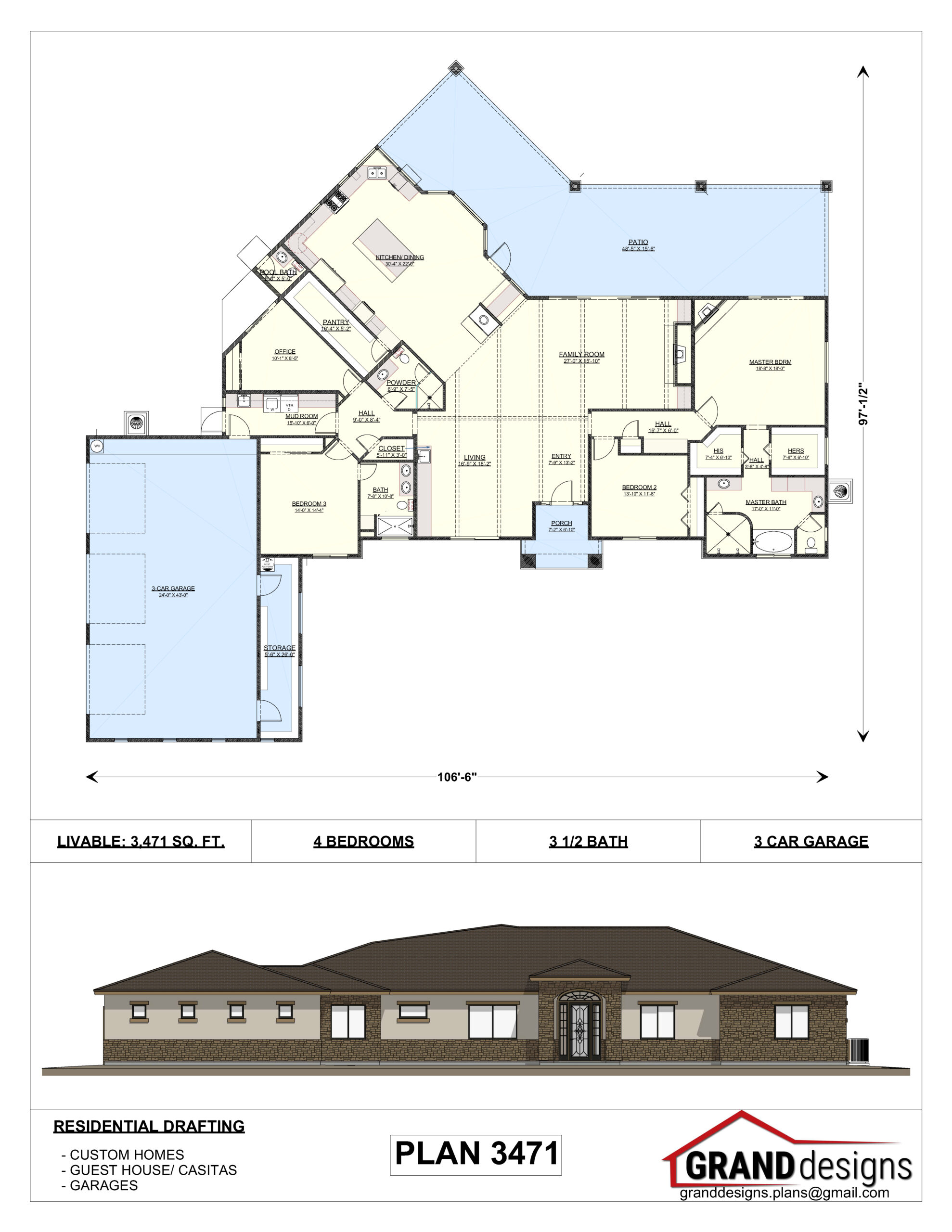 A floor plan and an image of the front of a house.