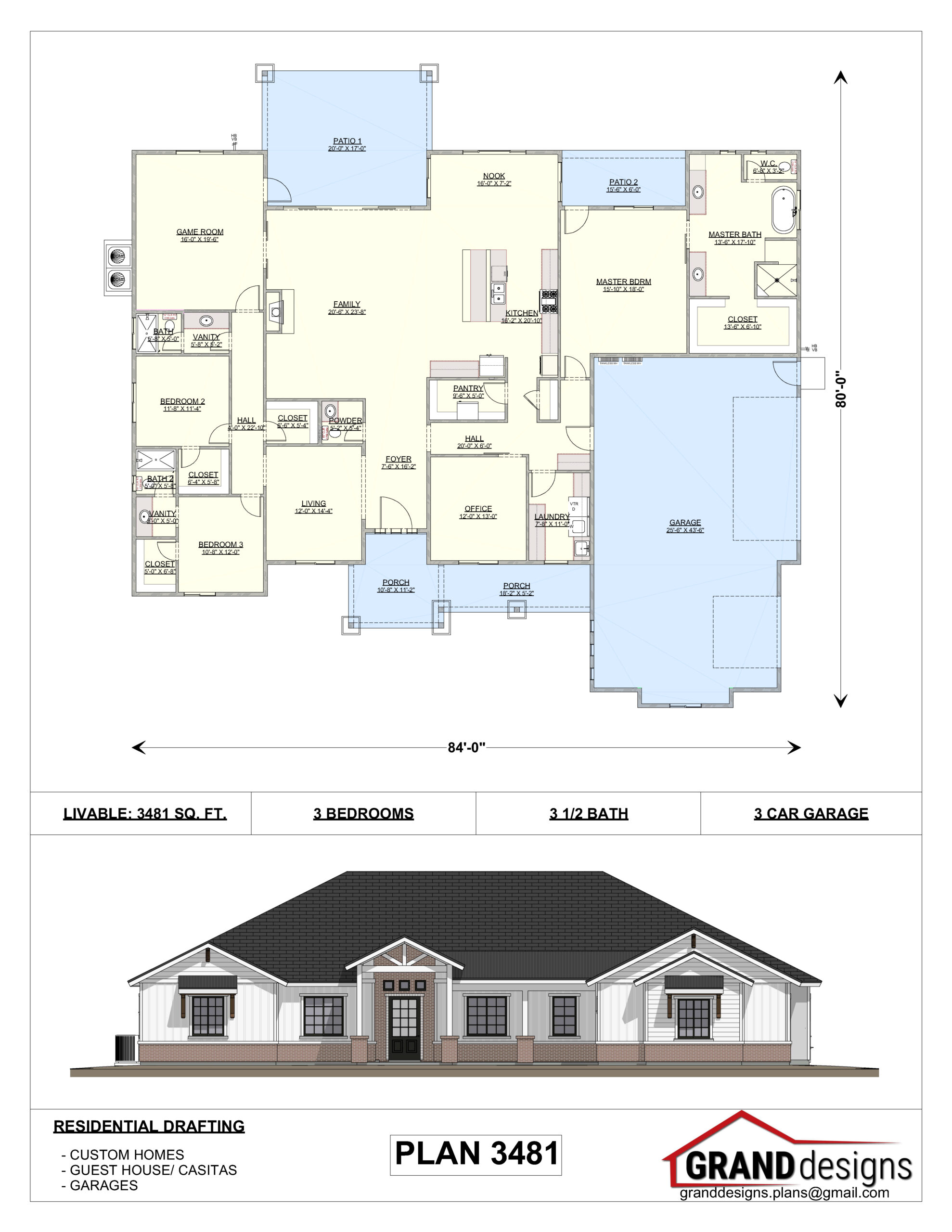 A floor plan and an image of the front of a house.