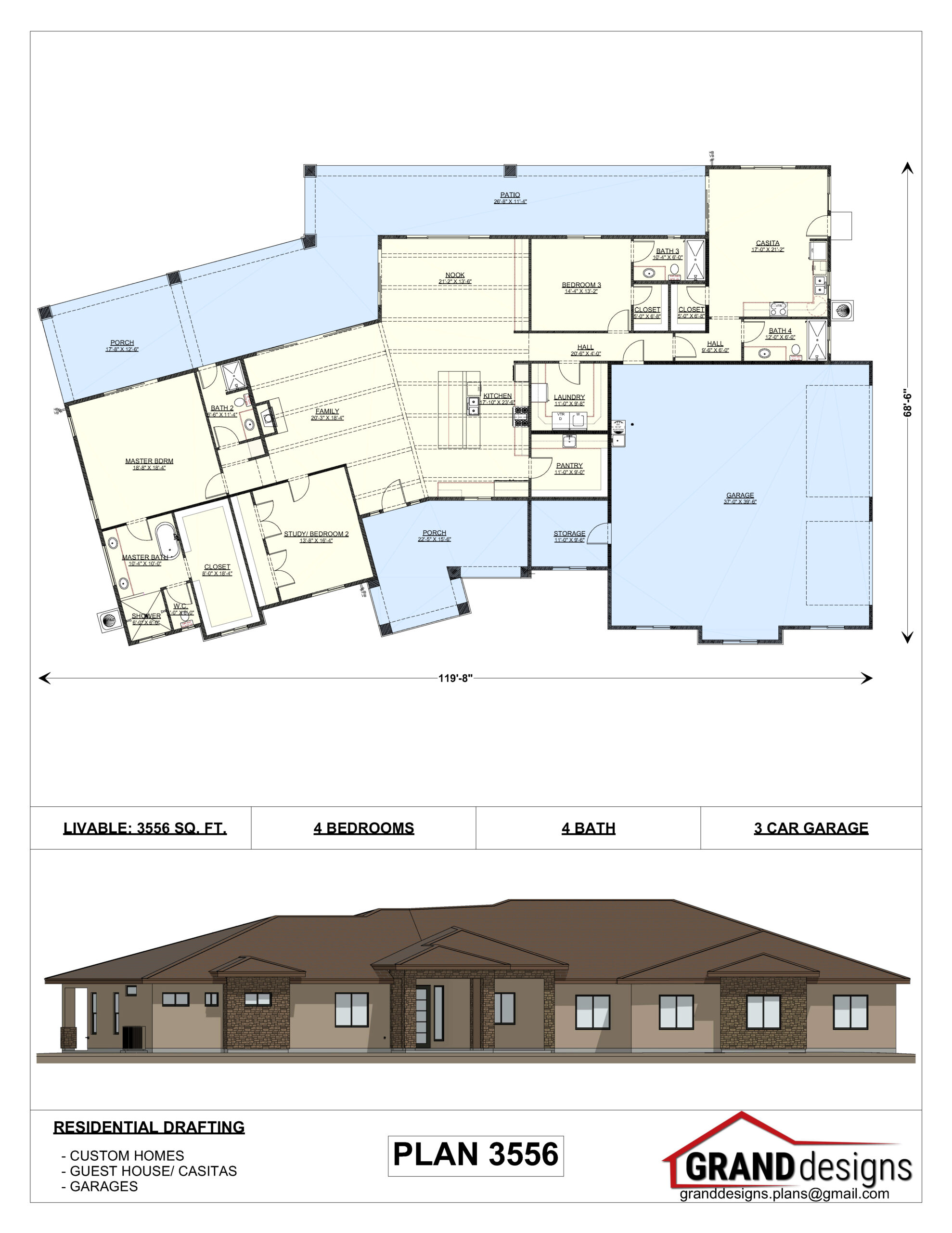 A floor plan and an image of the front of a house.