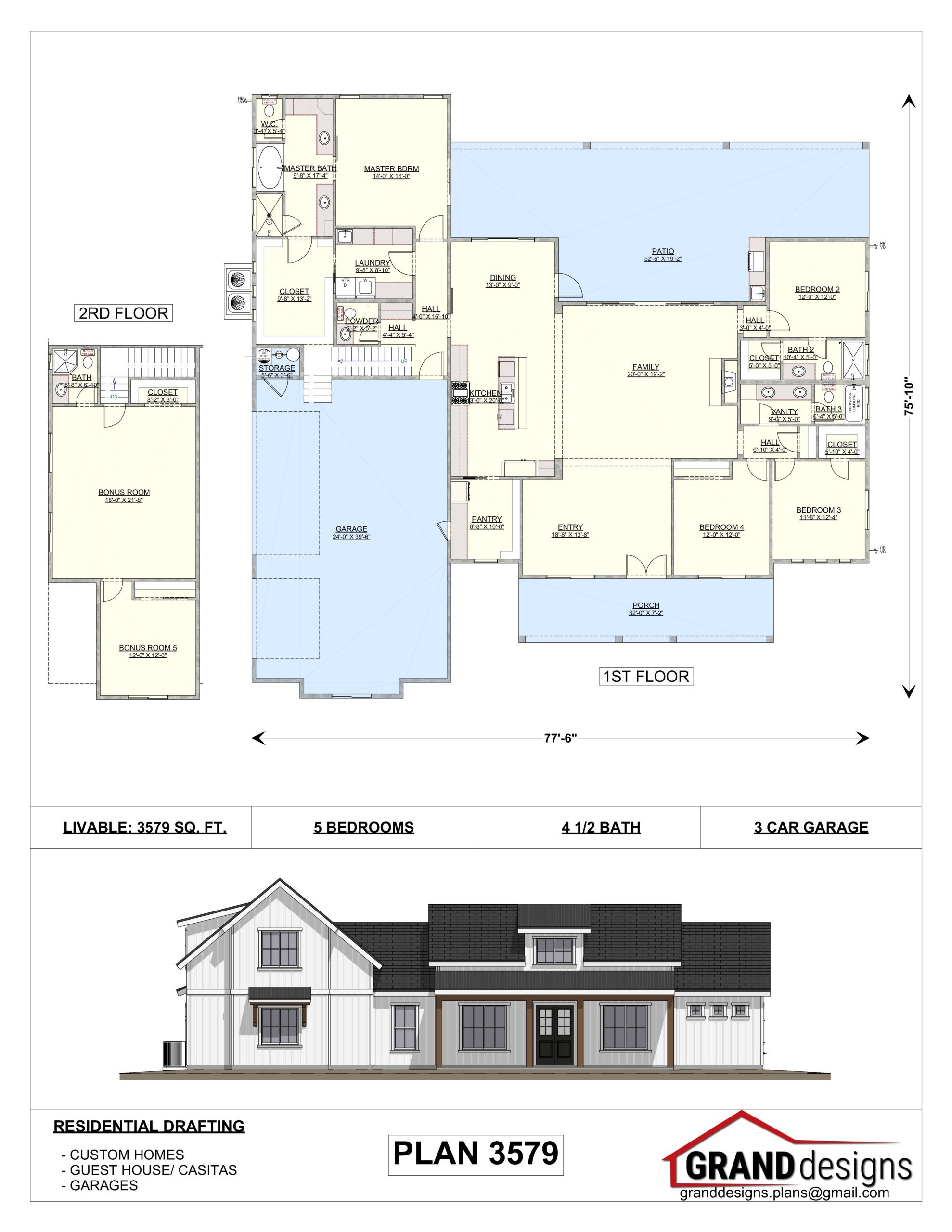 A floor plan of a house with two different elevations.