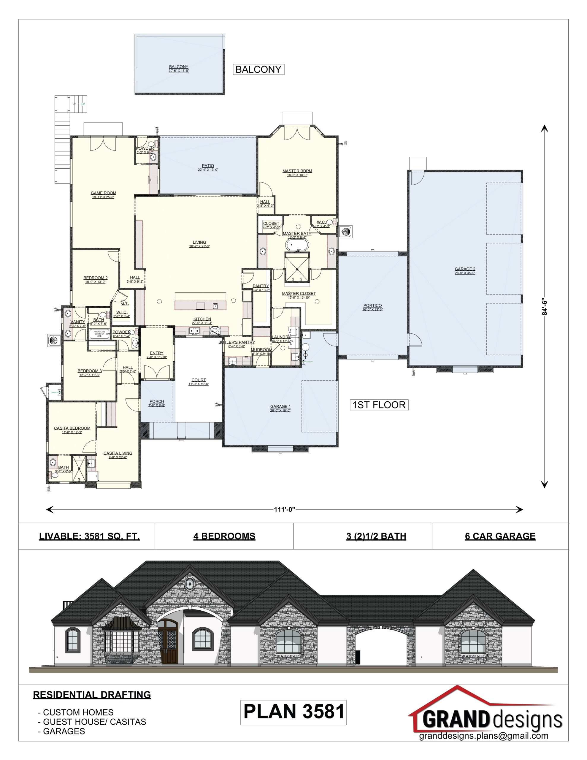 A floor plan and an image of the front of a house.