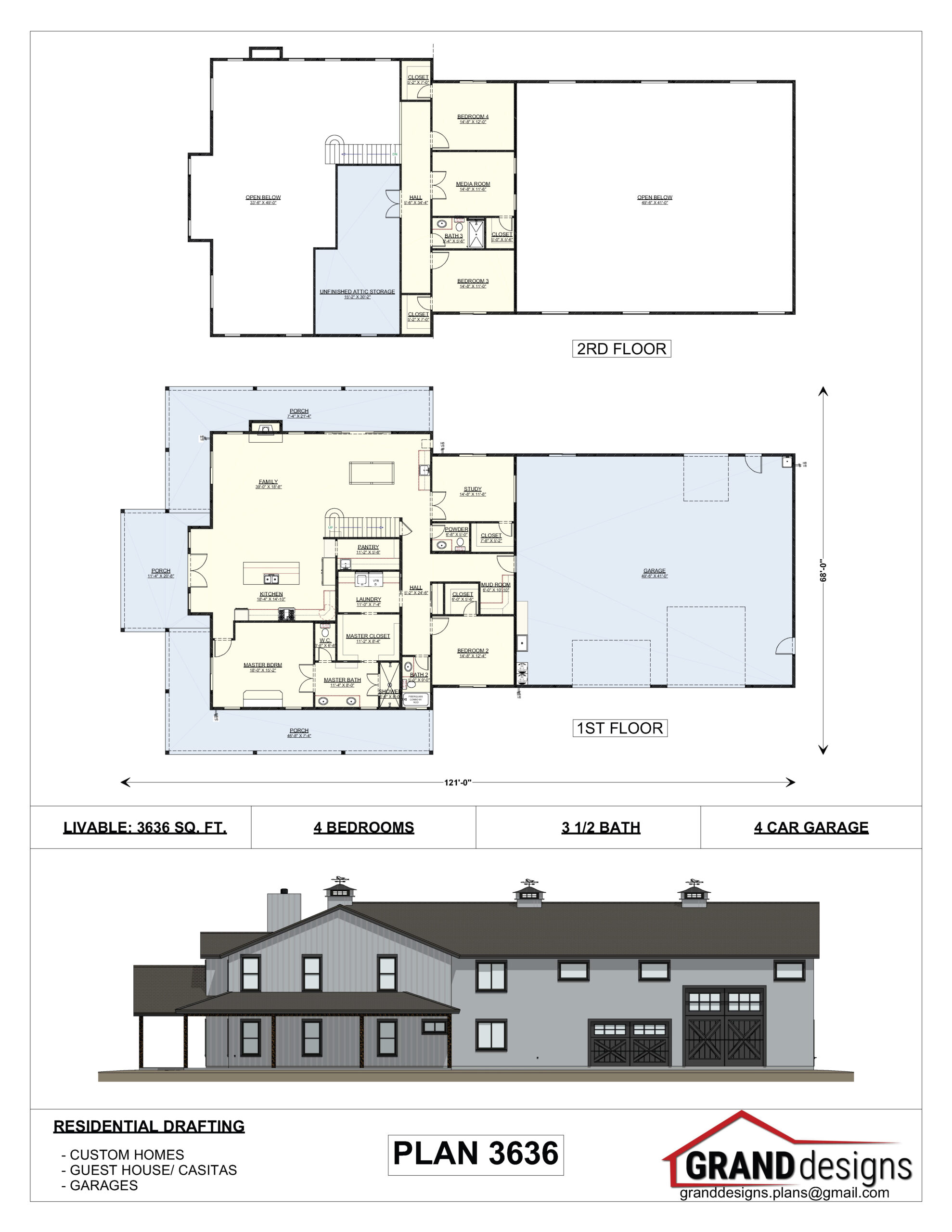 A floor plan of a house with two elevations and three sections.