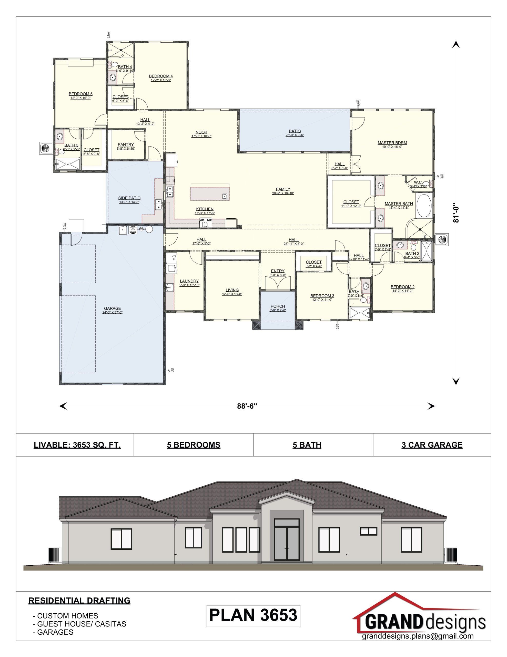 A floor plan and an image of the front of a house.