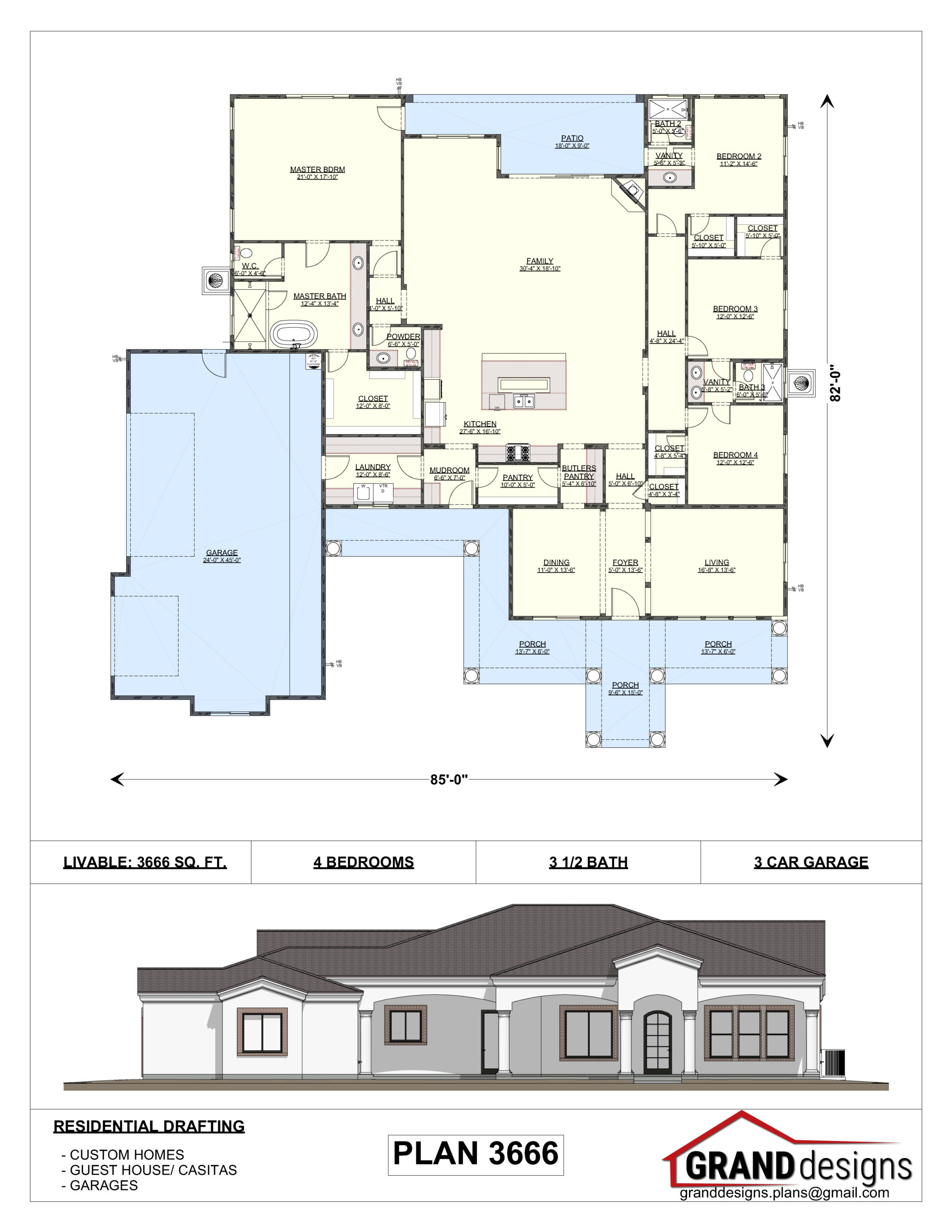 A floor plan of a house with two different elevations.