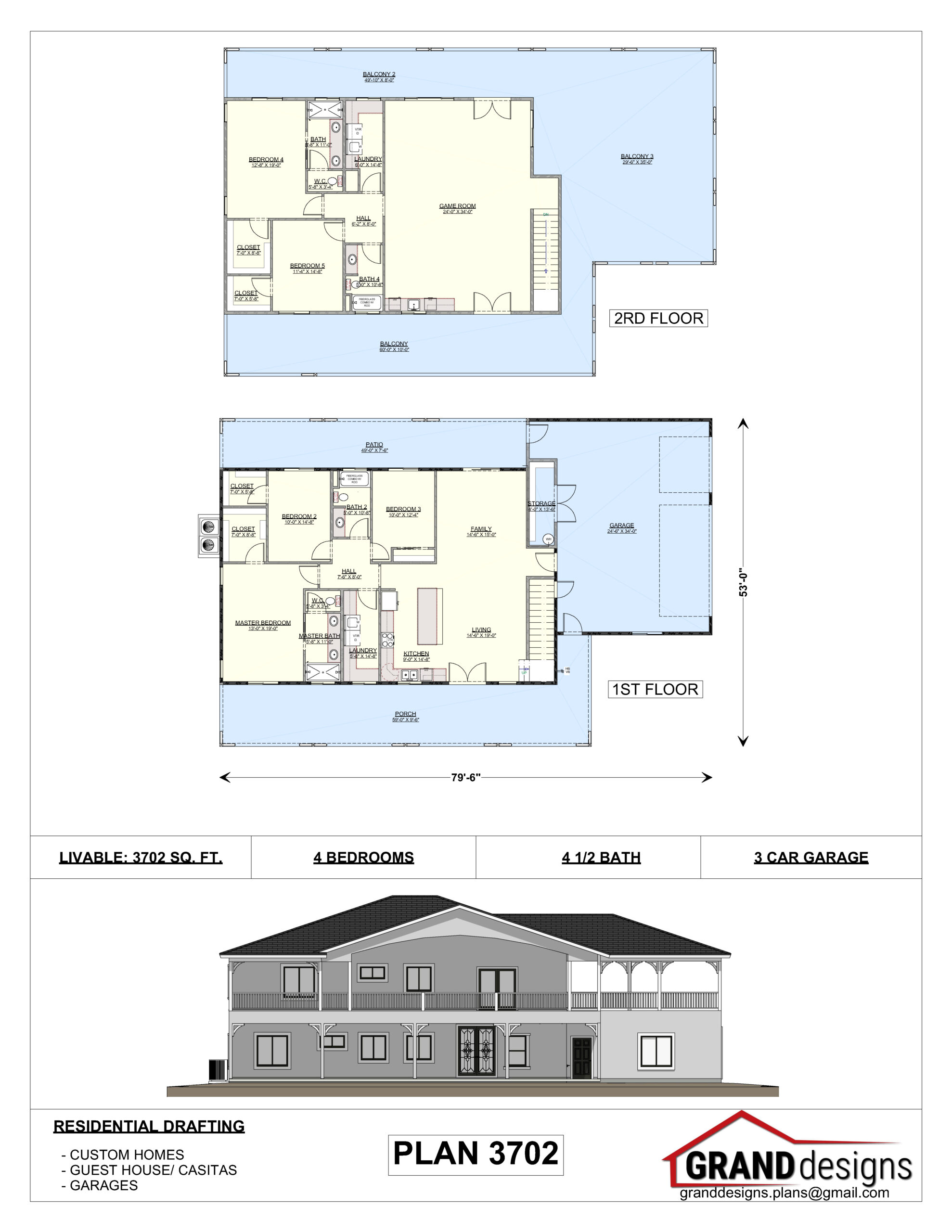 A floor plan of a house with two elevations and four sections.