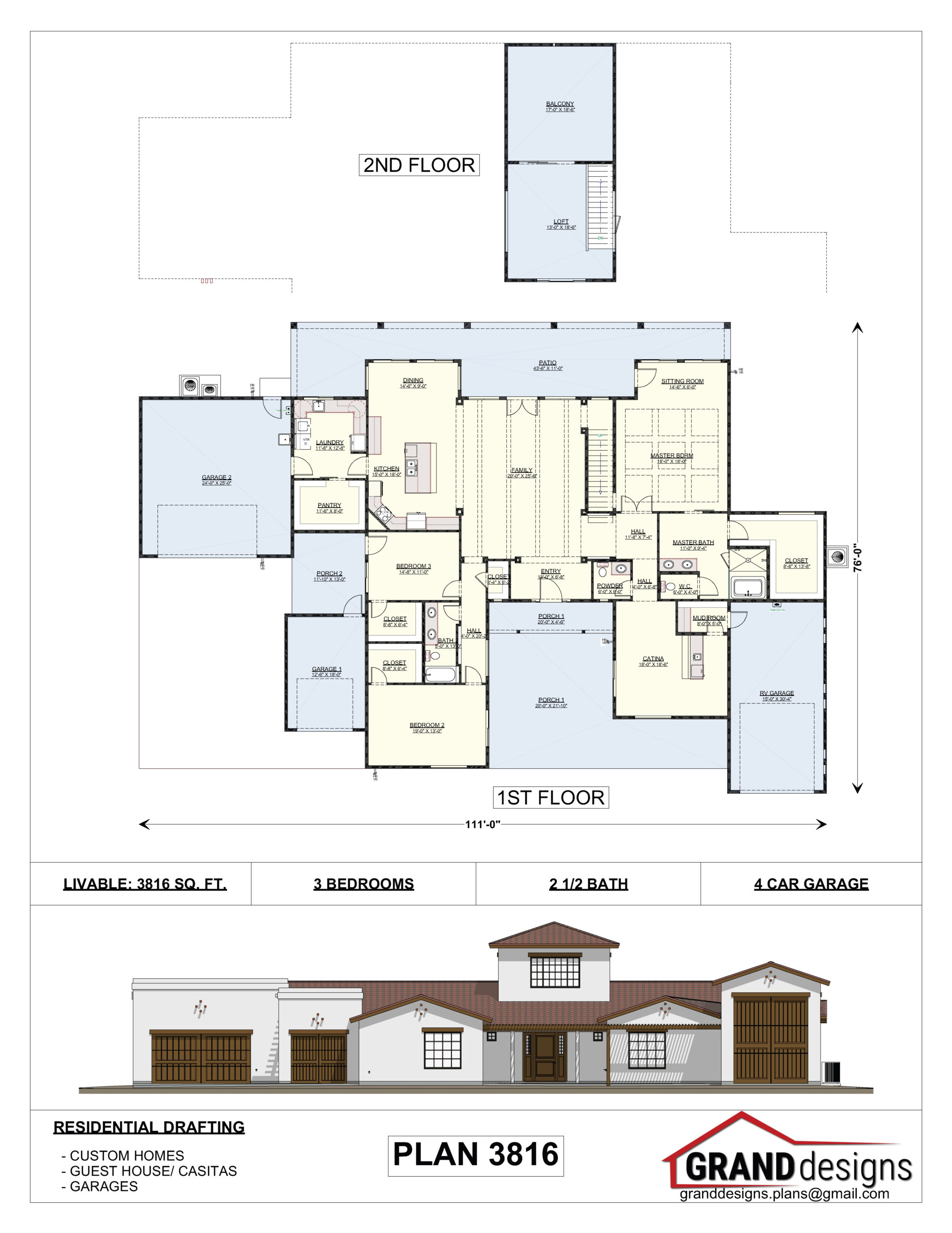 A floor plan of a house with three different elevations.