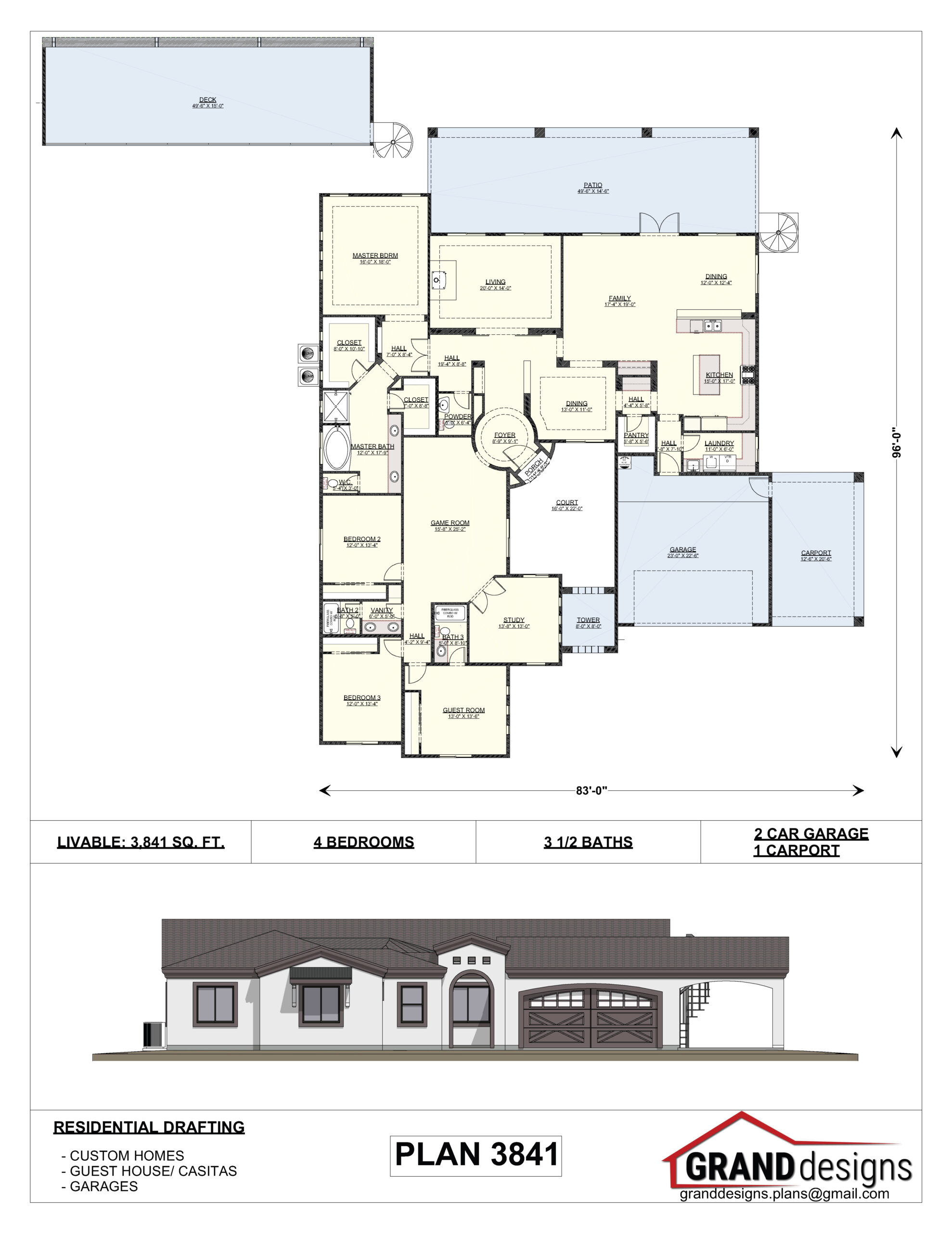 A floor plan of a house with two elevations.