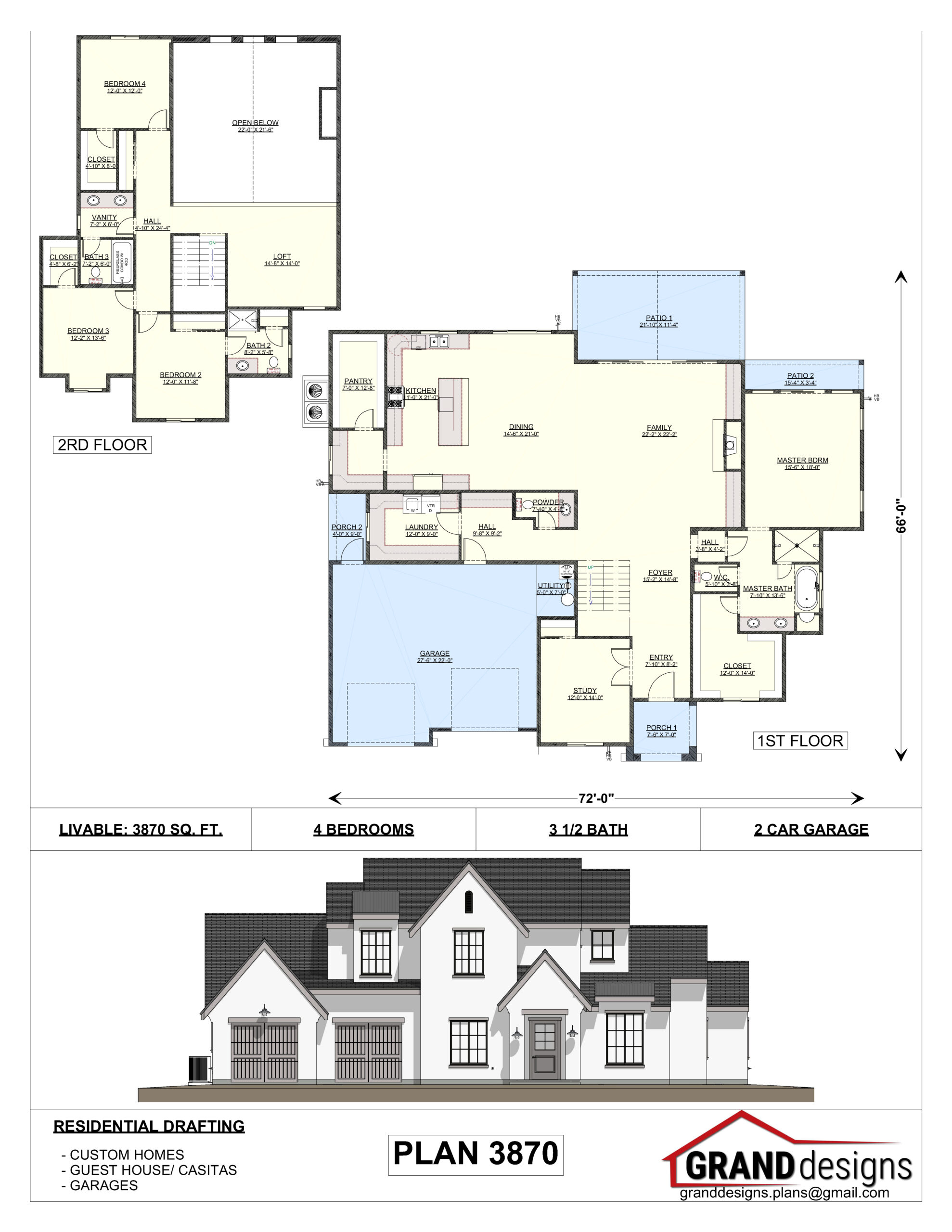 A floor plan of a house with two elevations.