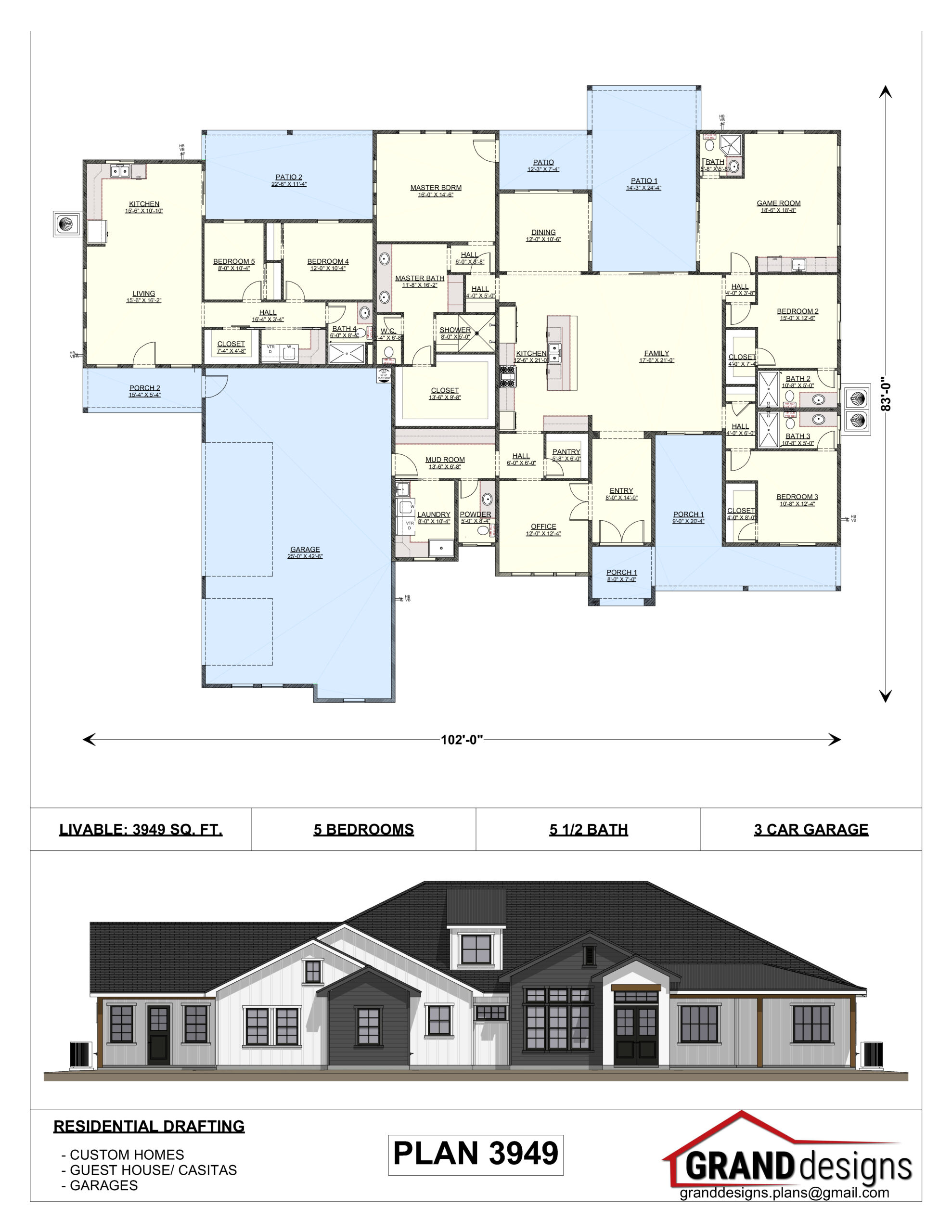 A floor plan and an image of the front of a house.