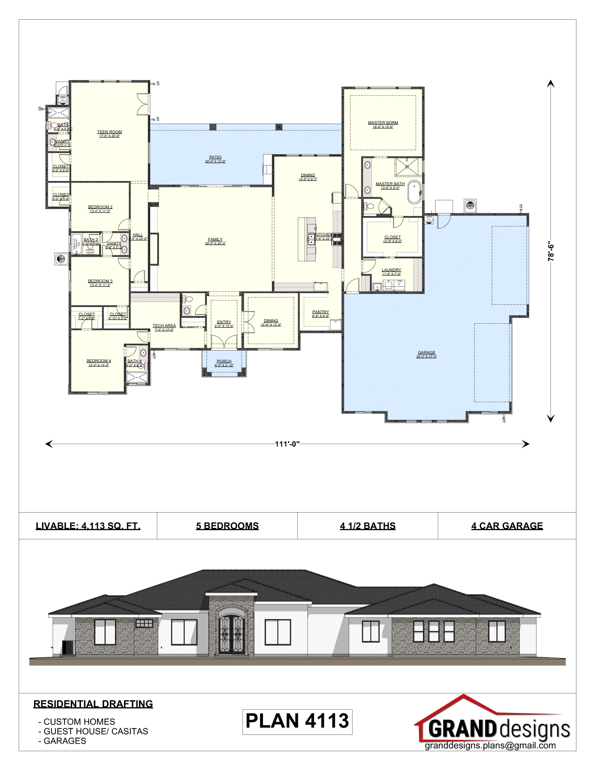 A floor plan and an image of the front of a house.