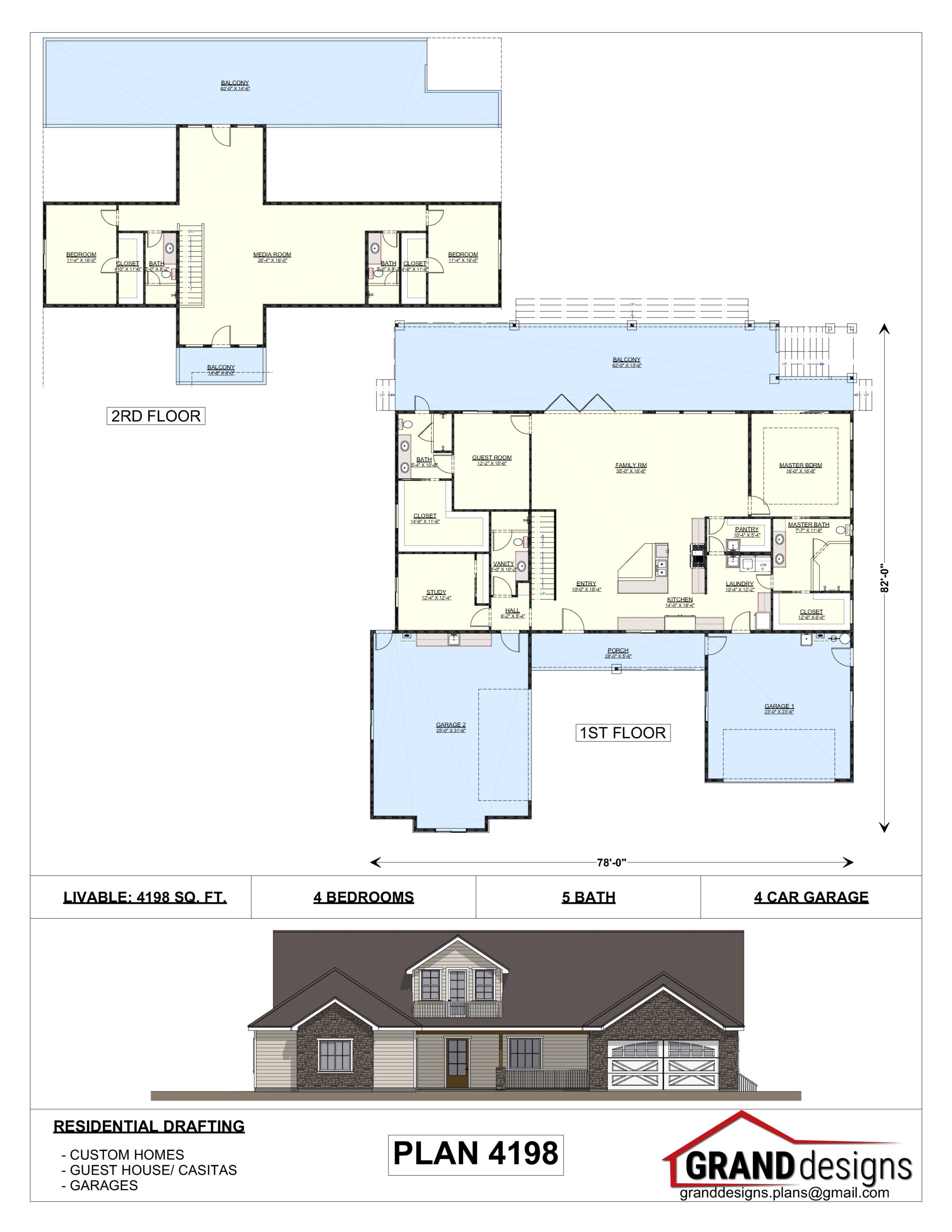 A floor plan of a house with two different elevations.