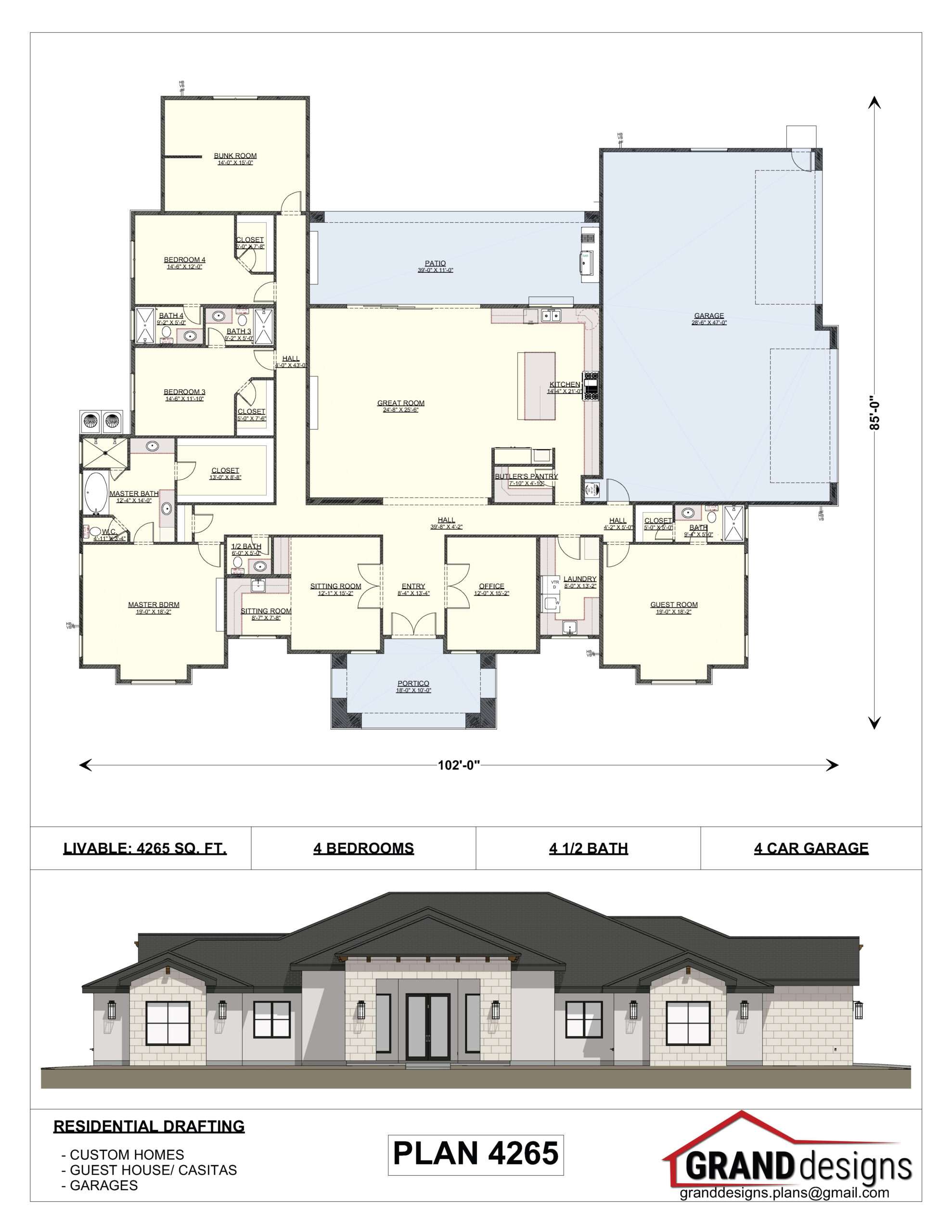 A floor plan and an image of the front of a house.