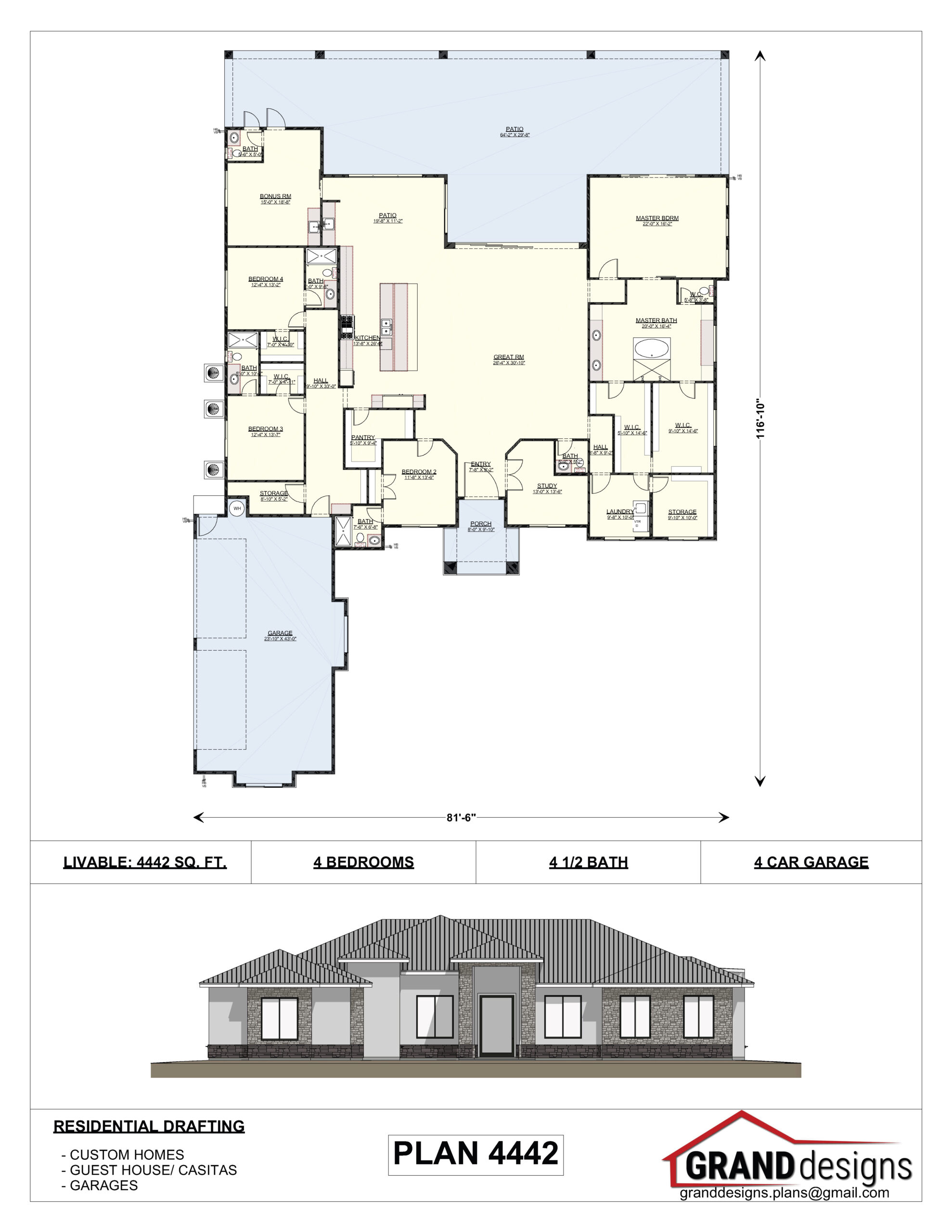 A floor plan and an image of the front of a house.