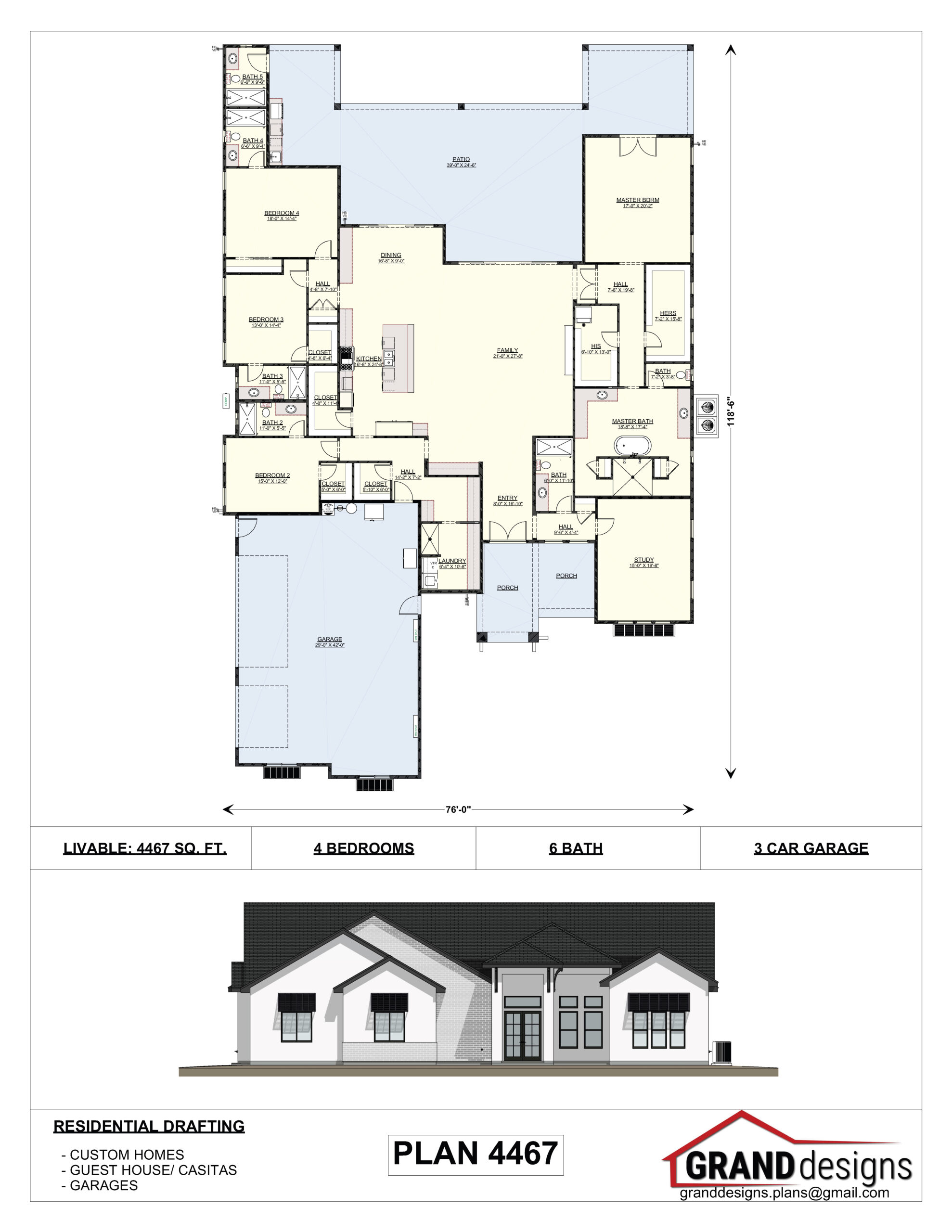 A floor plan of a house with two different elevations.