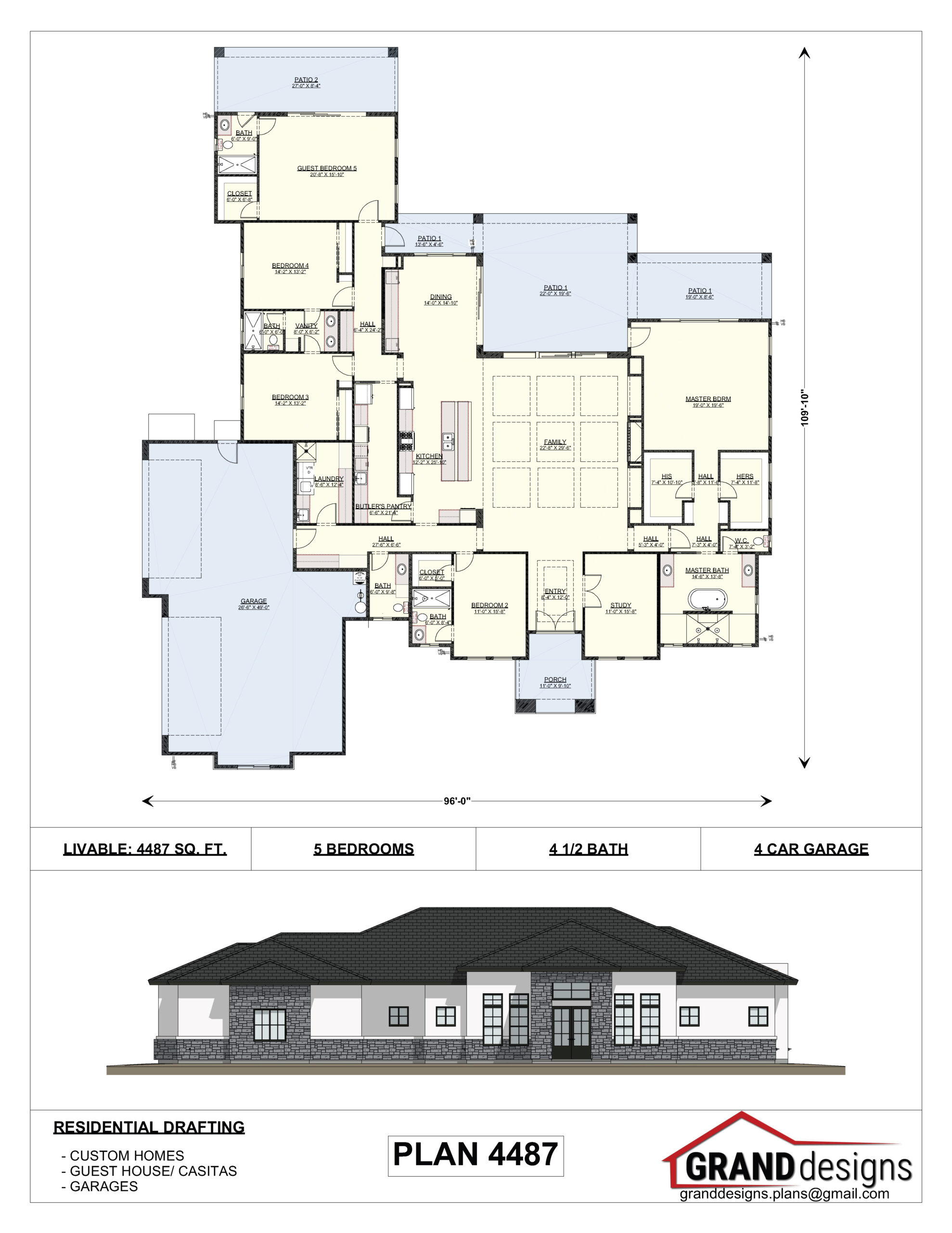 A floor plan of a house with a large building in the background.