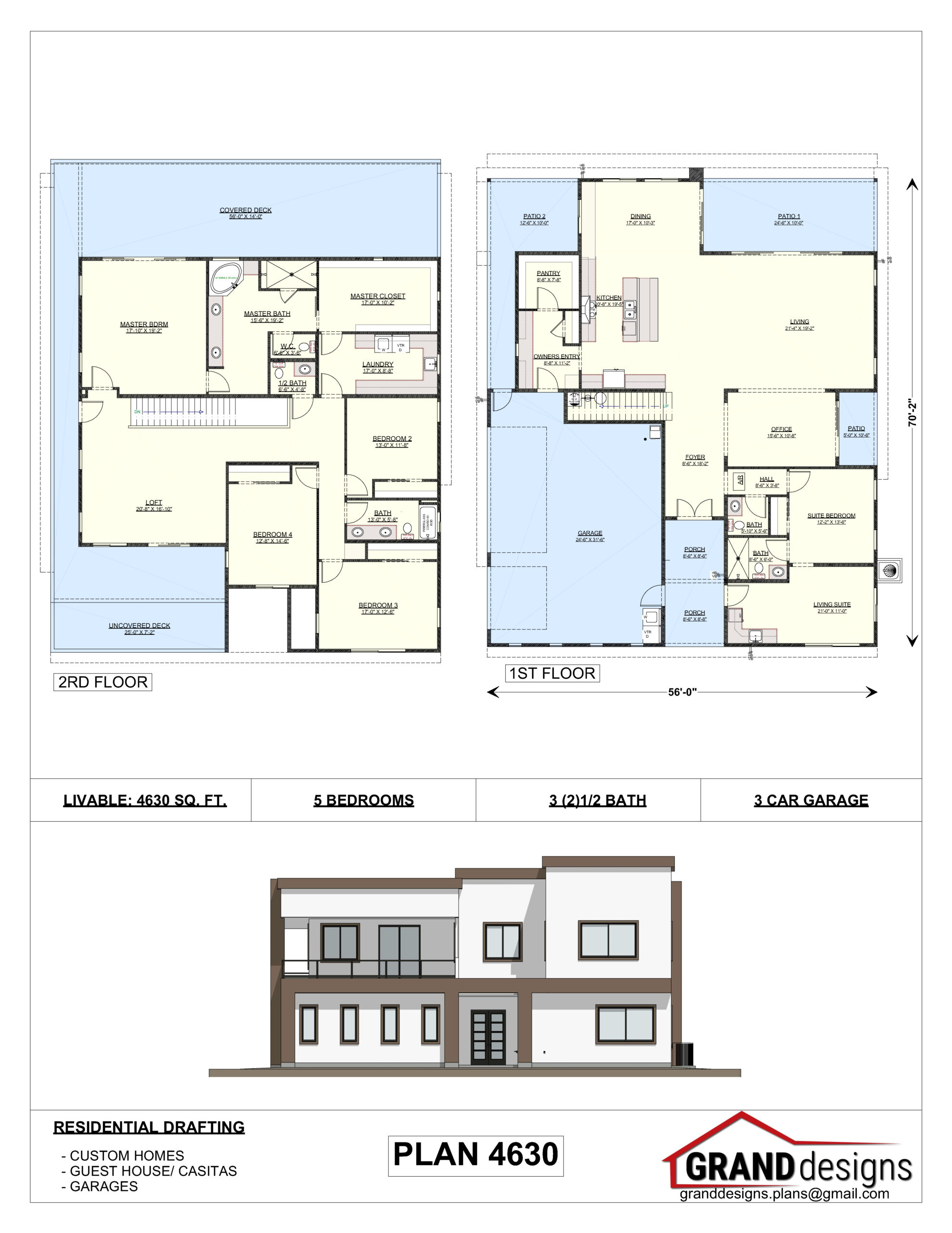 A floor plan and two elevations of the house.