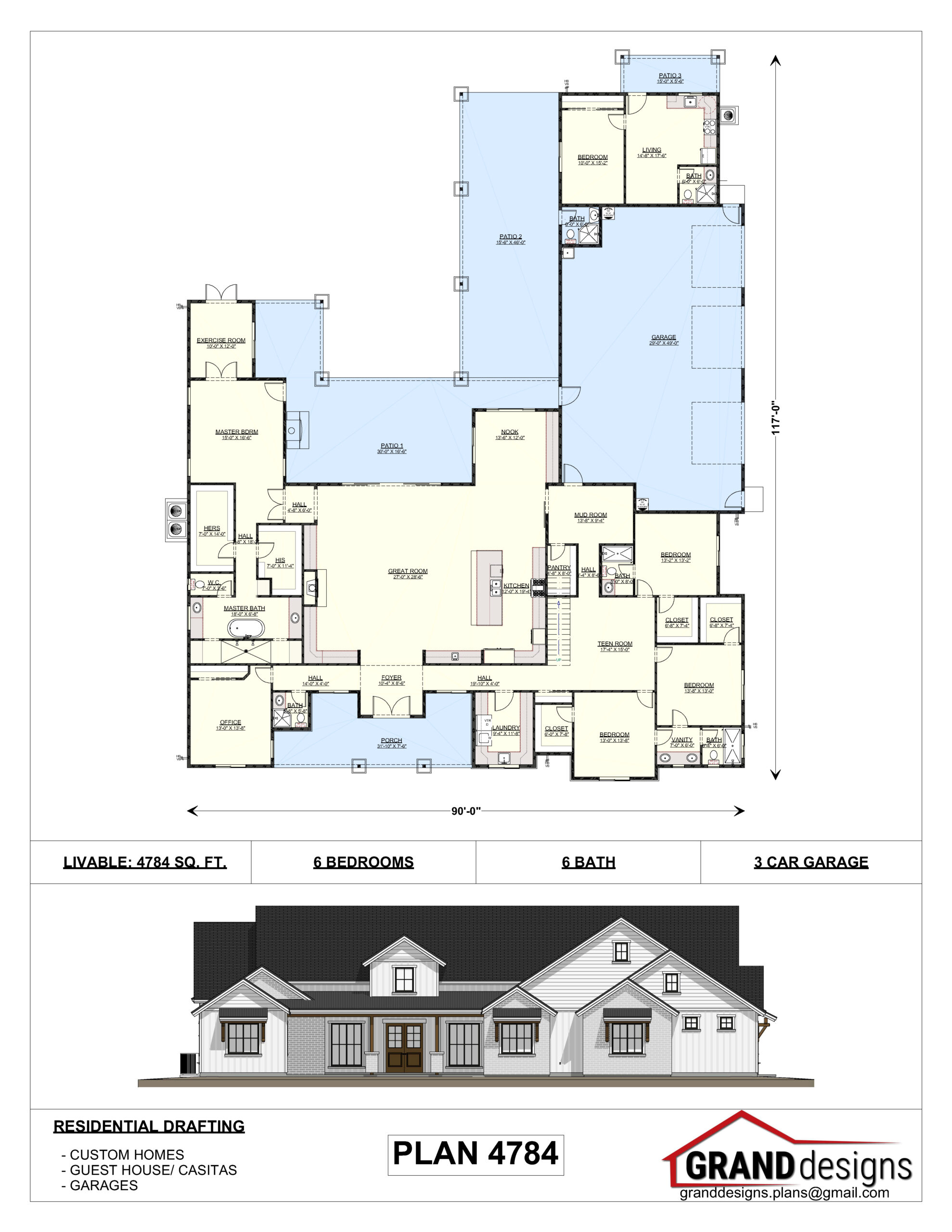 A floor plan of a house with two different elevations.