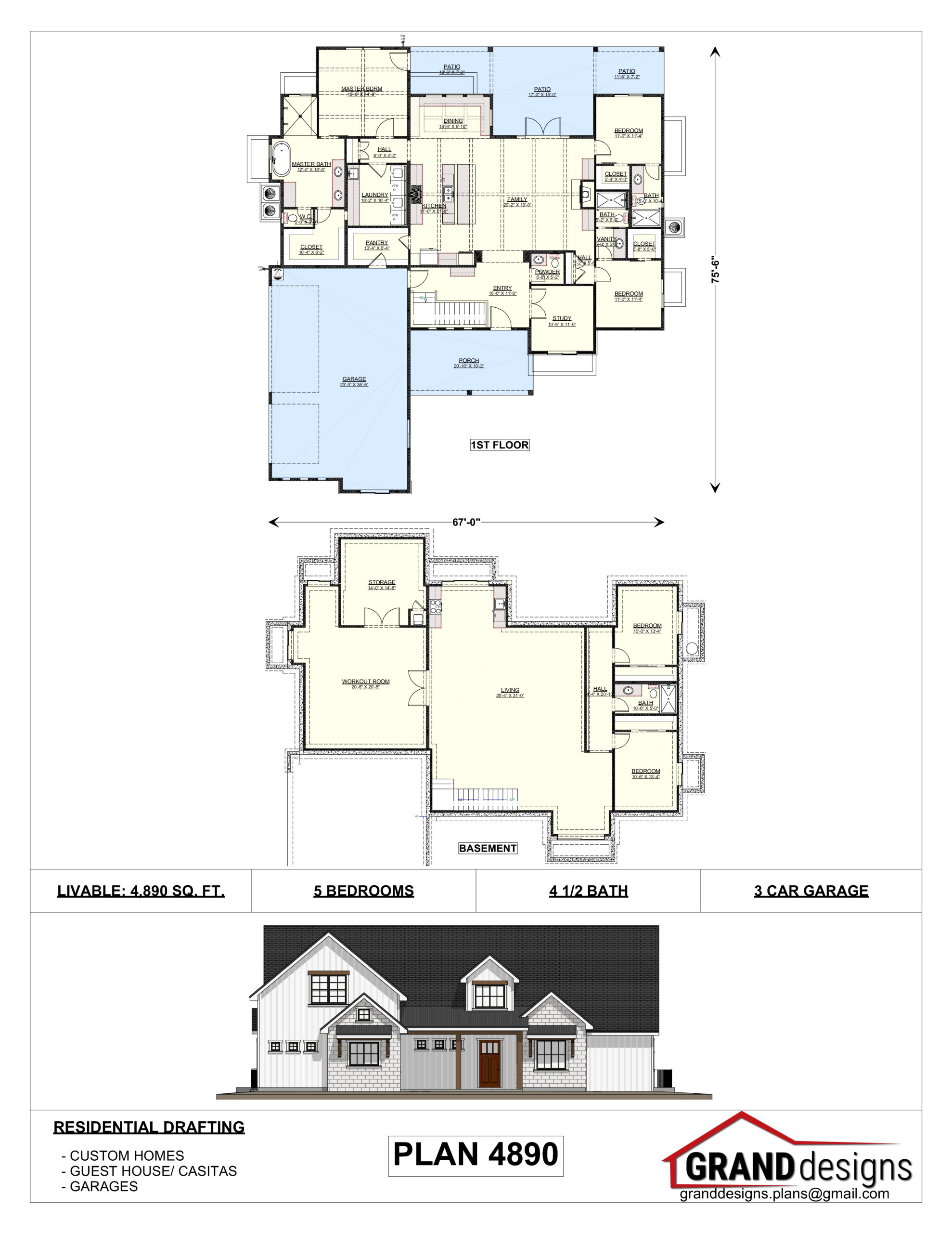 A floor plan of three different houses with their elevations.