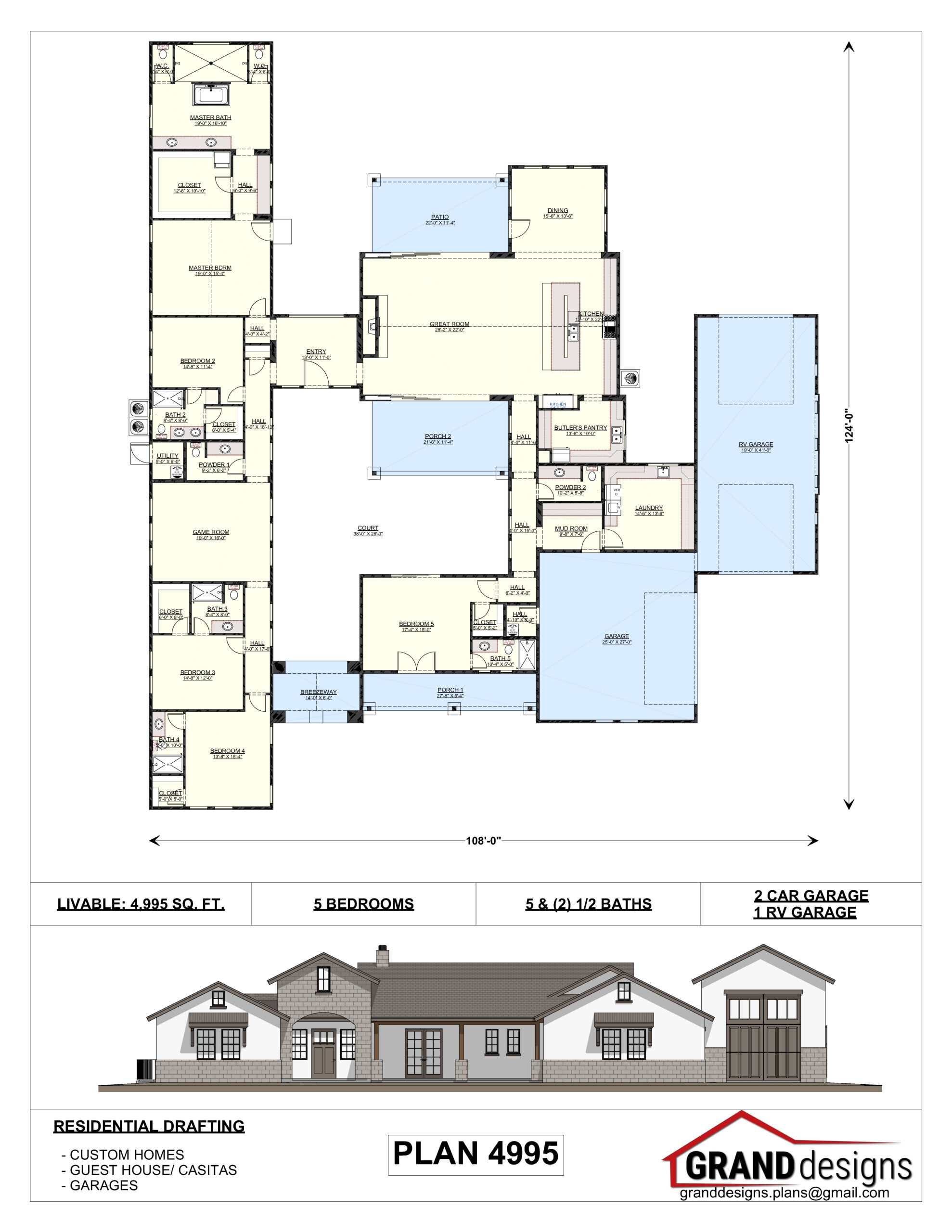 A floor plan of a house with an elevation and plans.