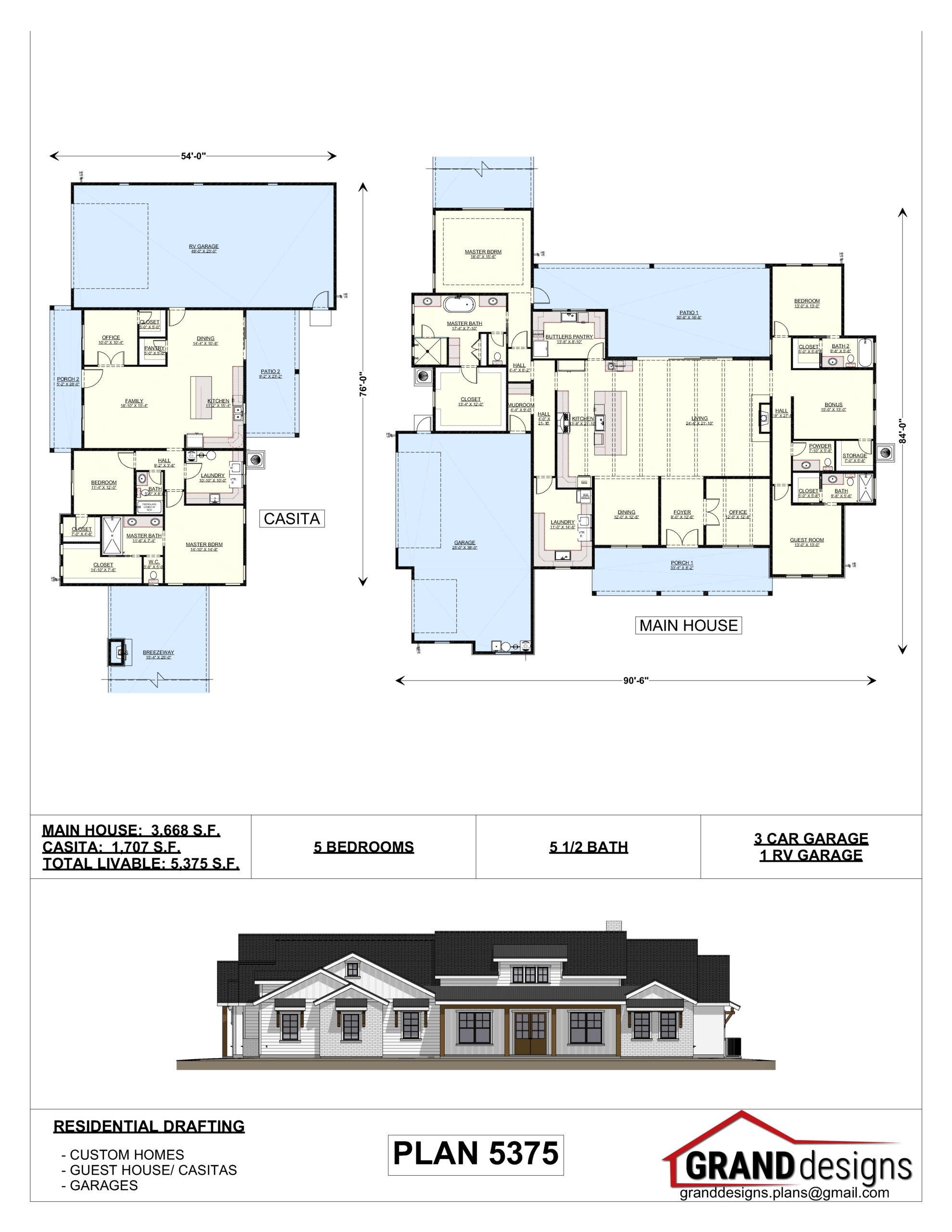 A floor plan and two elevations of the building.