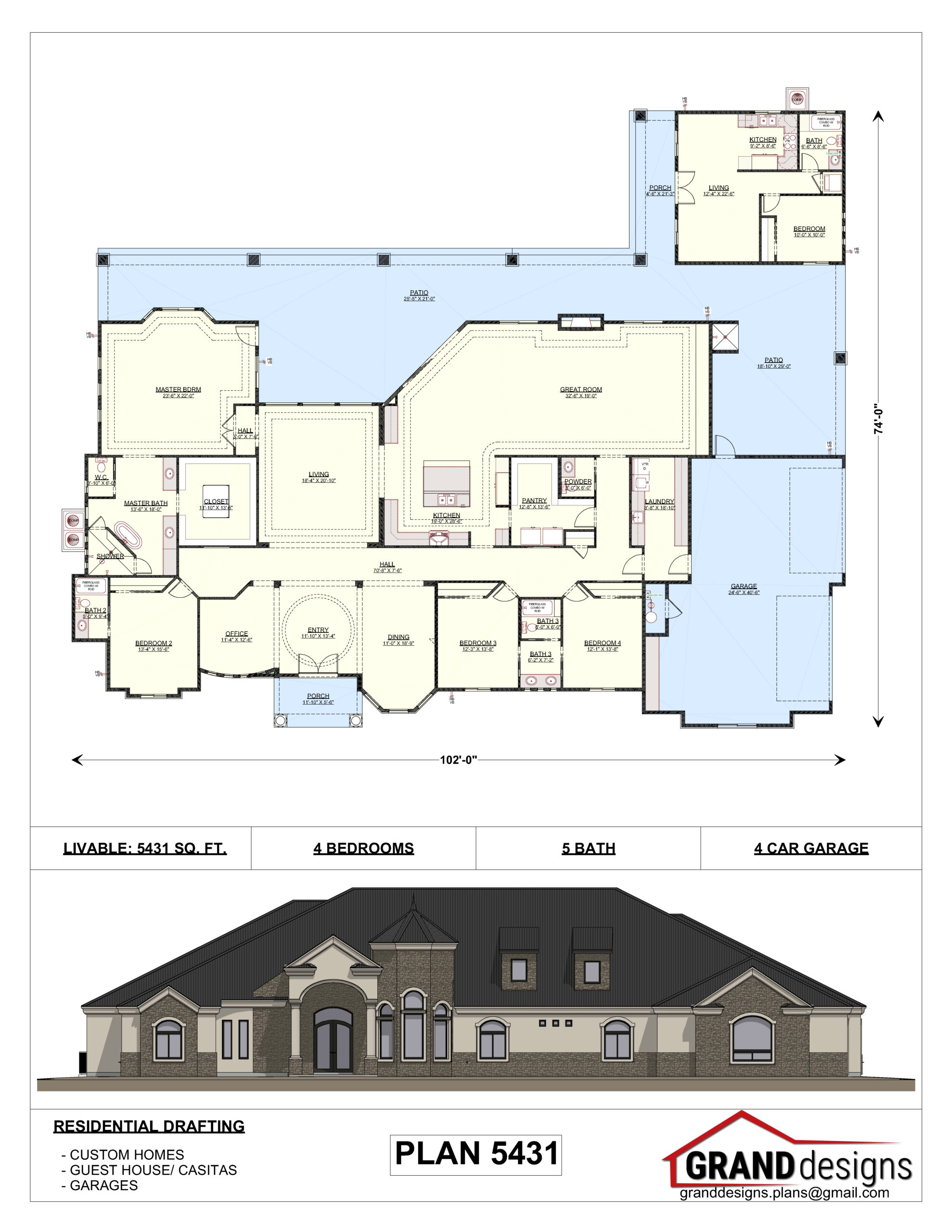 A floor plan and an image of the front of a house.