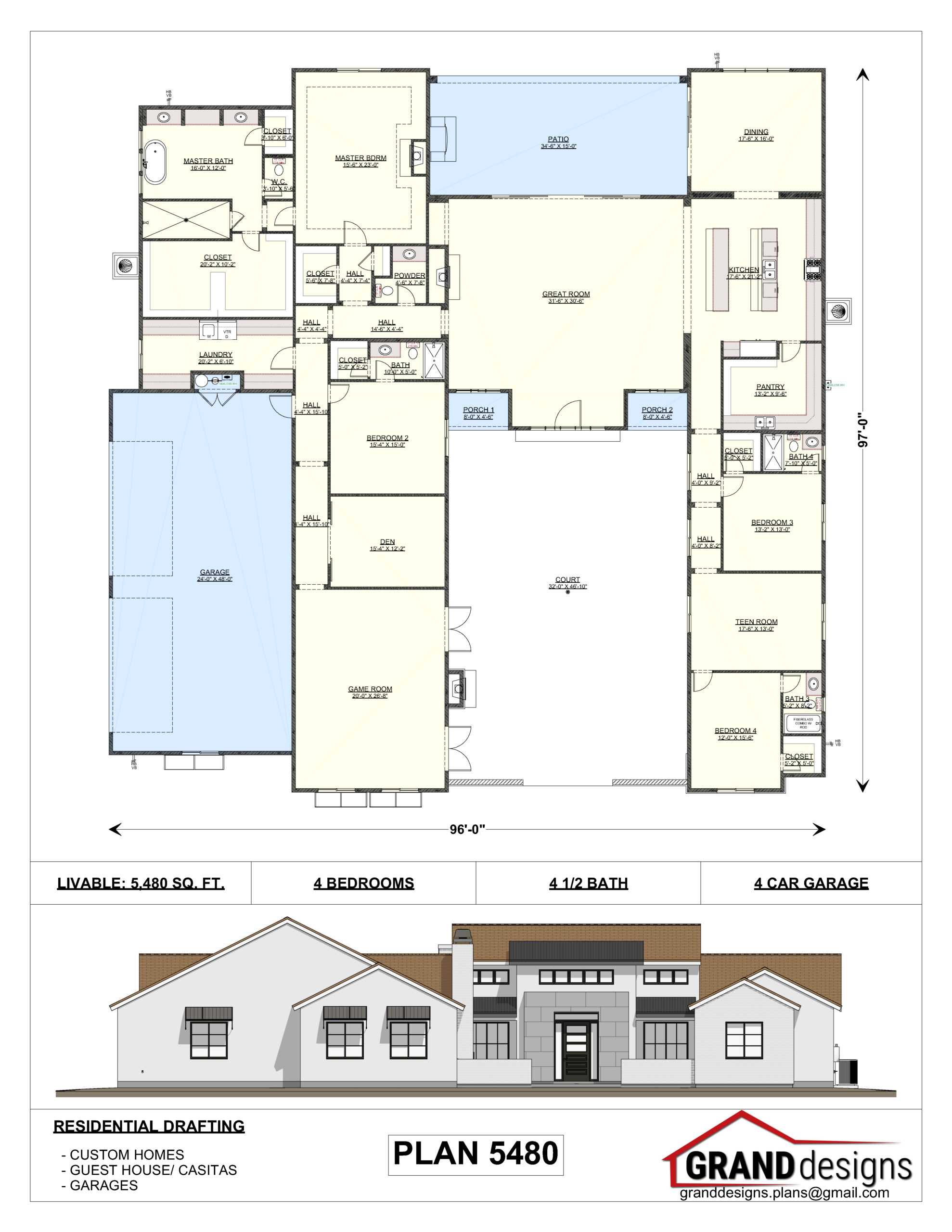 A floor plan of the front and side of a house.