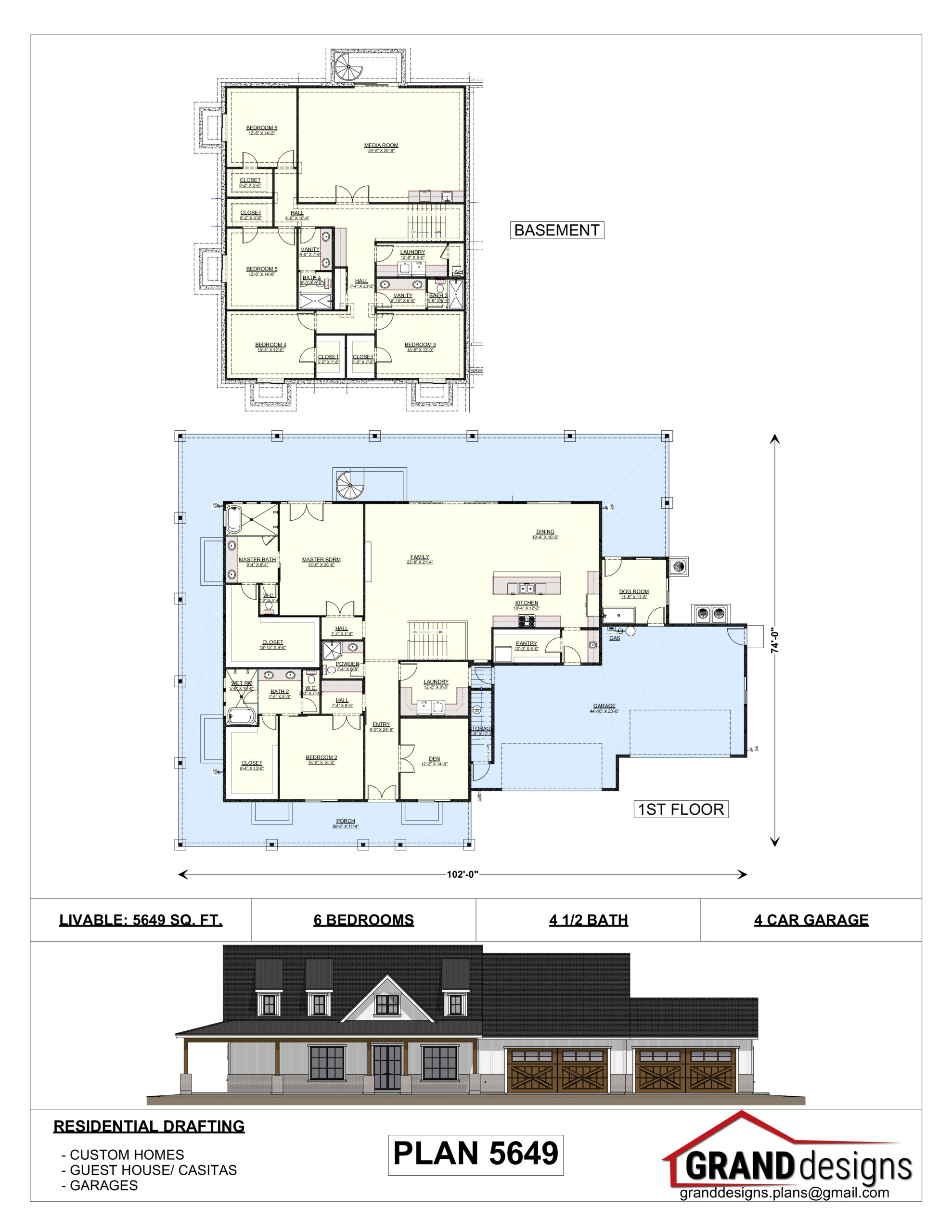 A floor plan of the house with three different elevations.