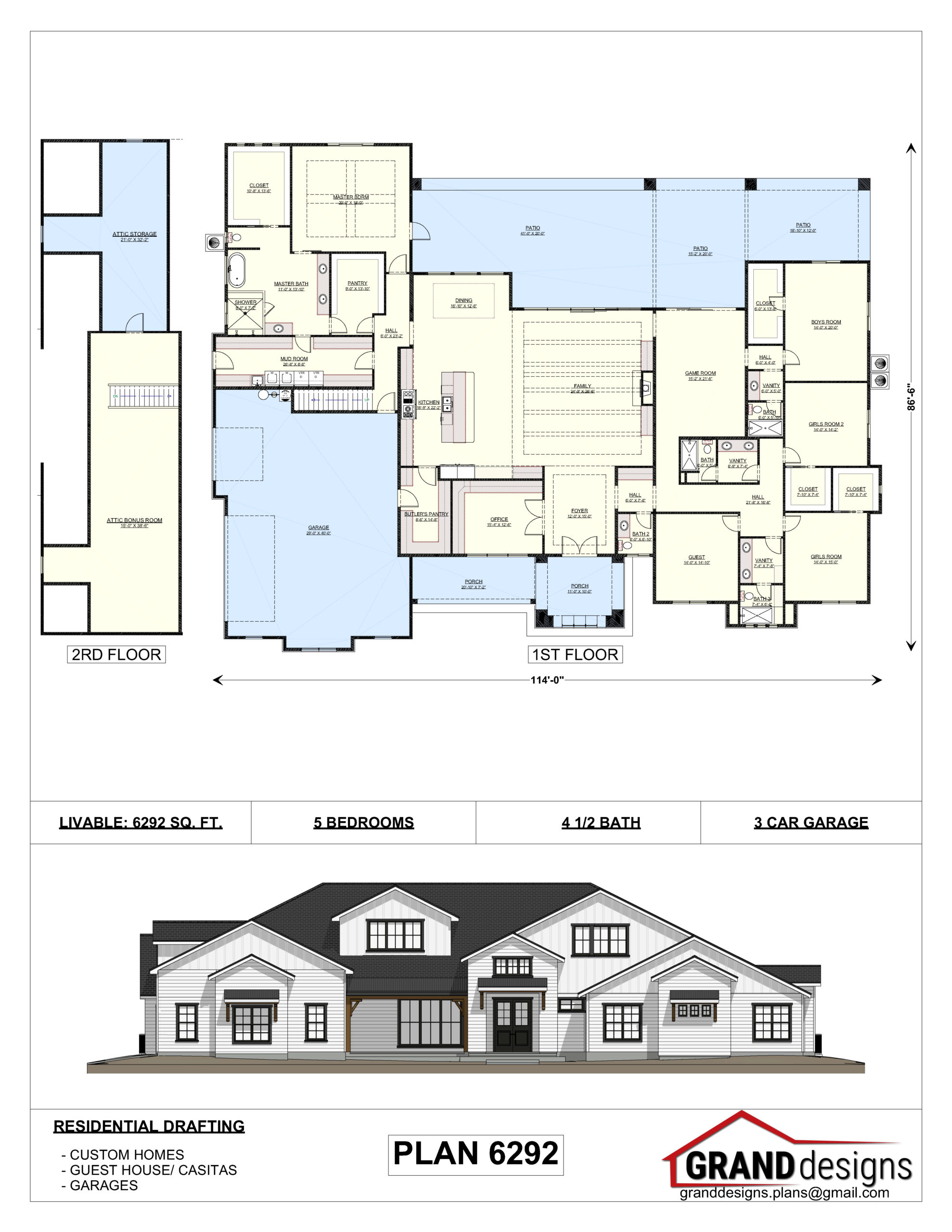 A floor plan and an image of the front of a house.