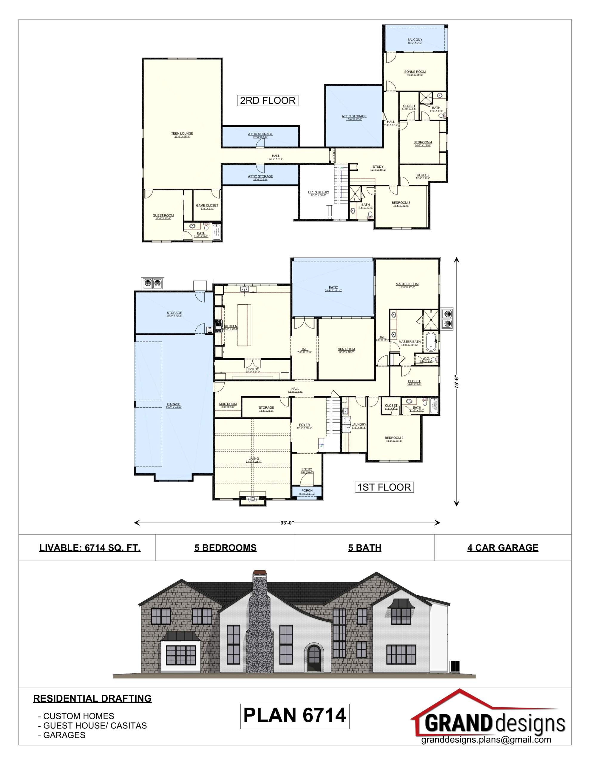 A floor plan of a house with two elevations and three sections.