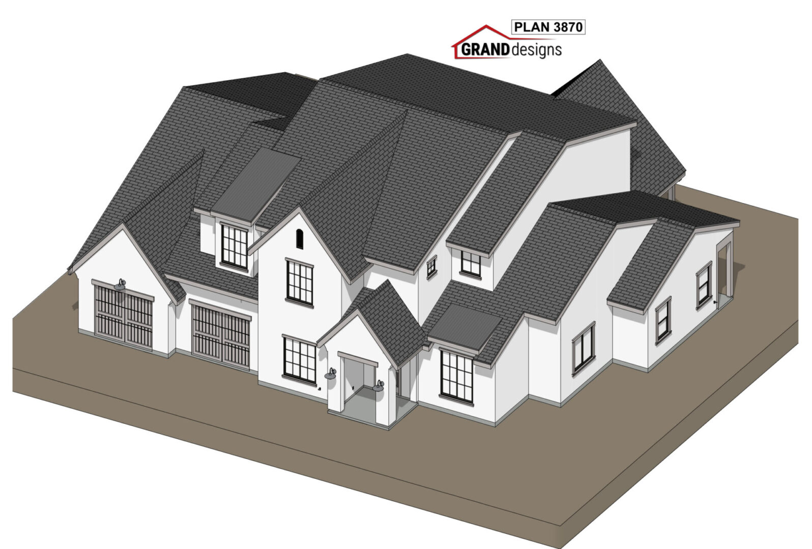 3D rendering of a two-story house plan.