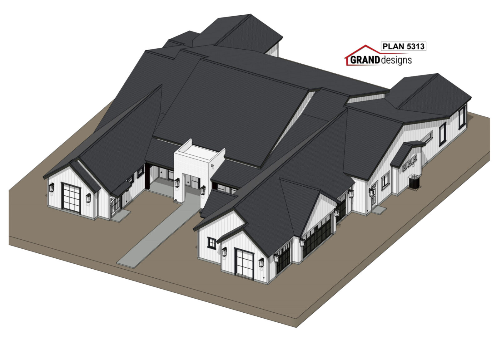 A 3D rendering of a modern house plan.